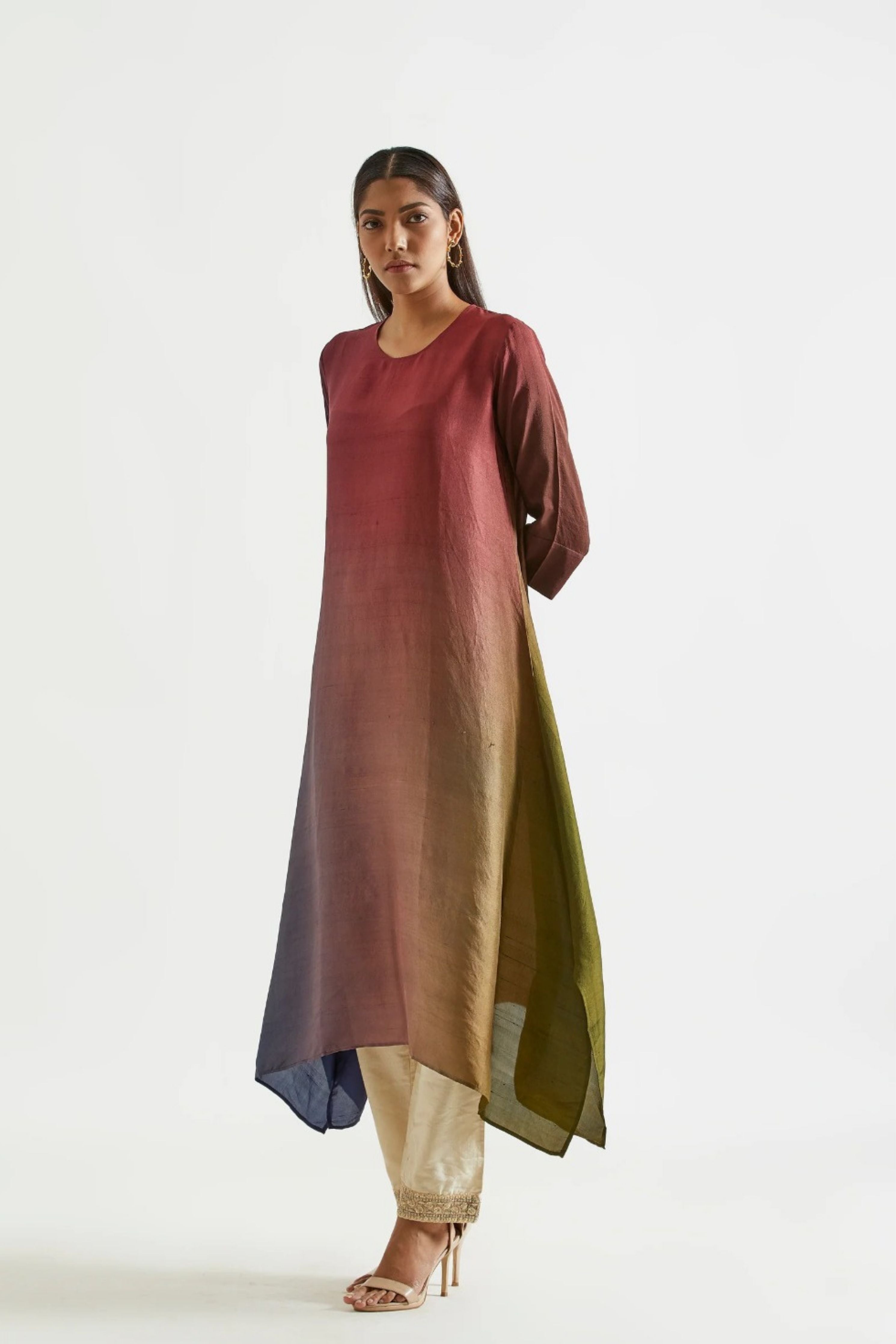 Olive Assyemtrical Kurta with Stole