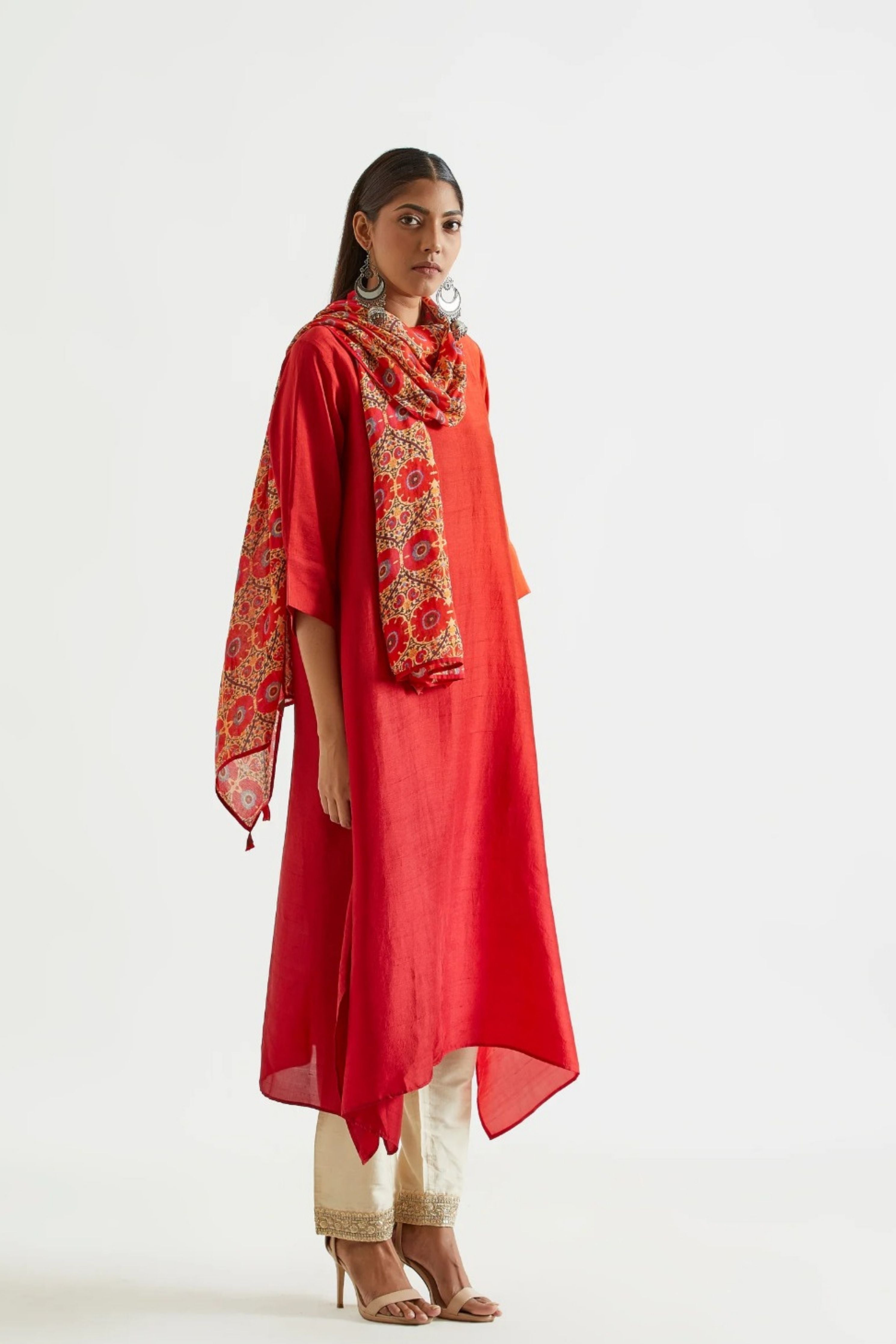 Orange Red Kurta with Stole