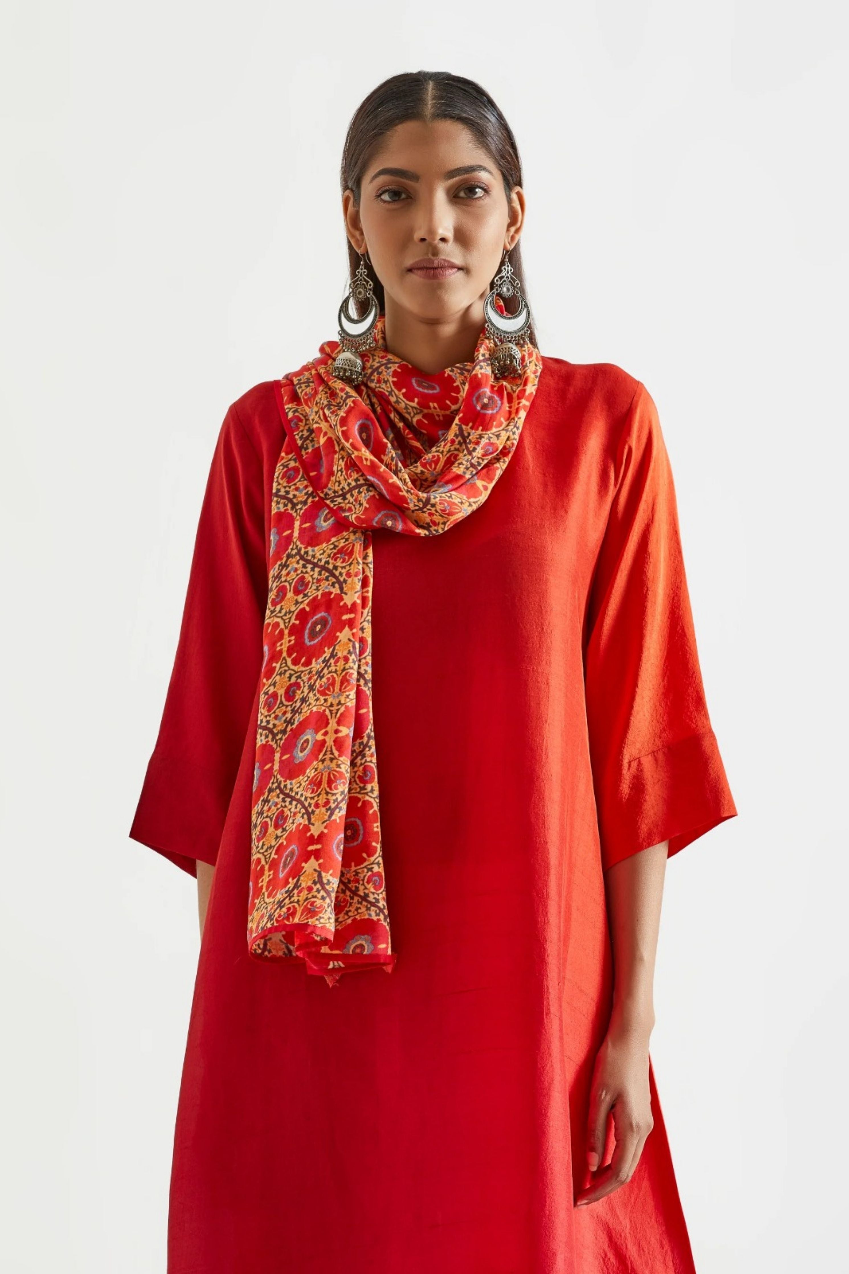 Orange Red Kurta with Stole