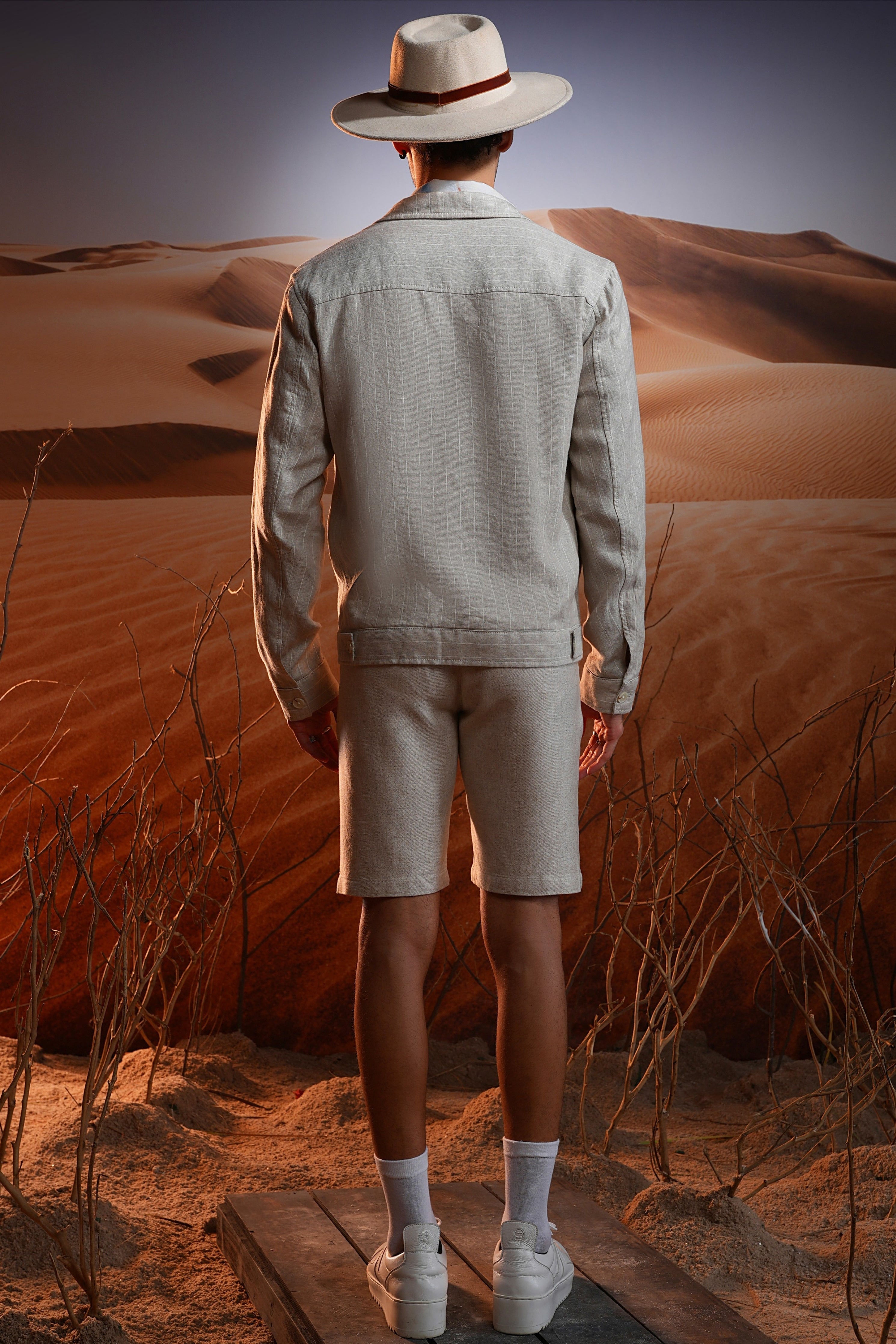 Natural Chalk Stripe Linen Cuban Collar Jacket