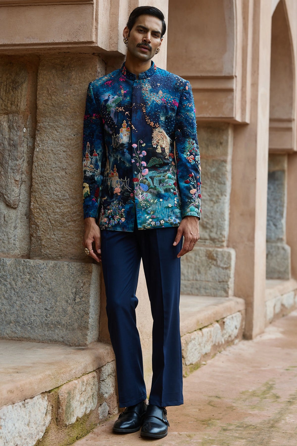 Midnight Printed Velvet Embroidered Bandhgala Set