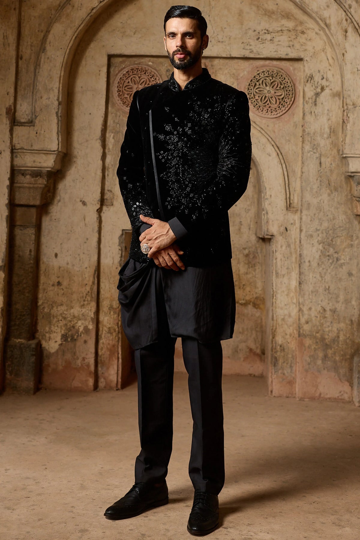 Black Velvet Angrakha Bandhgala Set