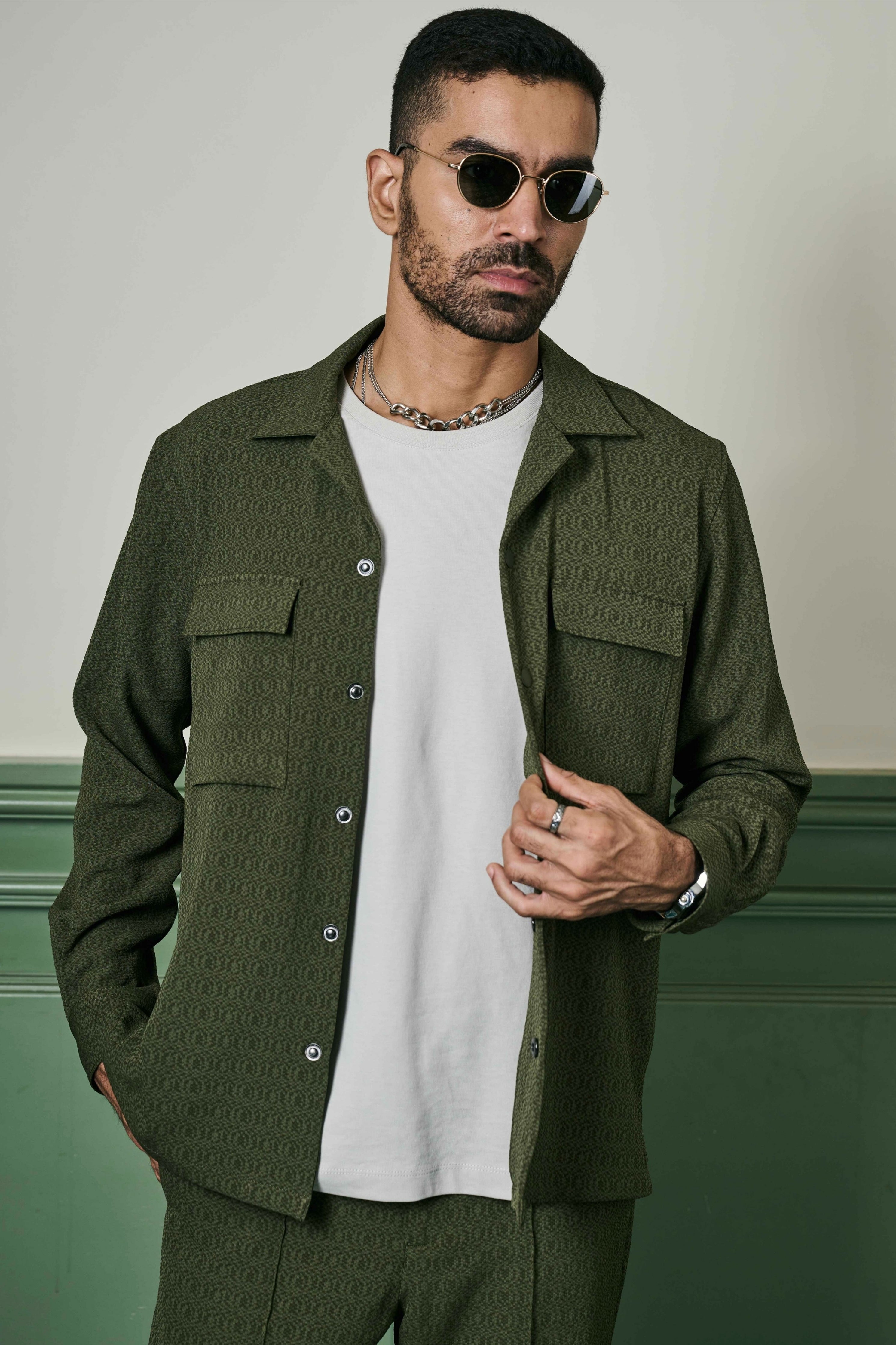 Olive Green Biscuit Crepe Co-Ord Set
