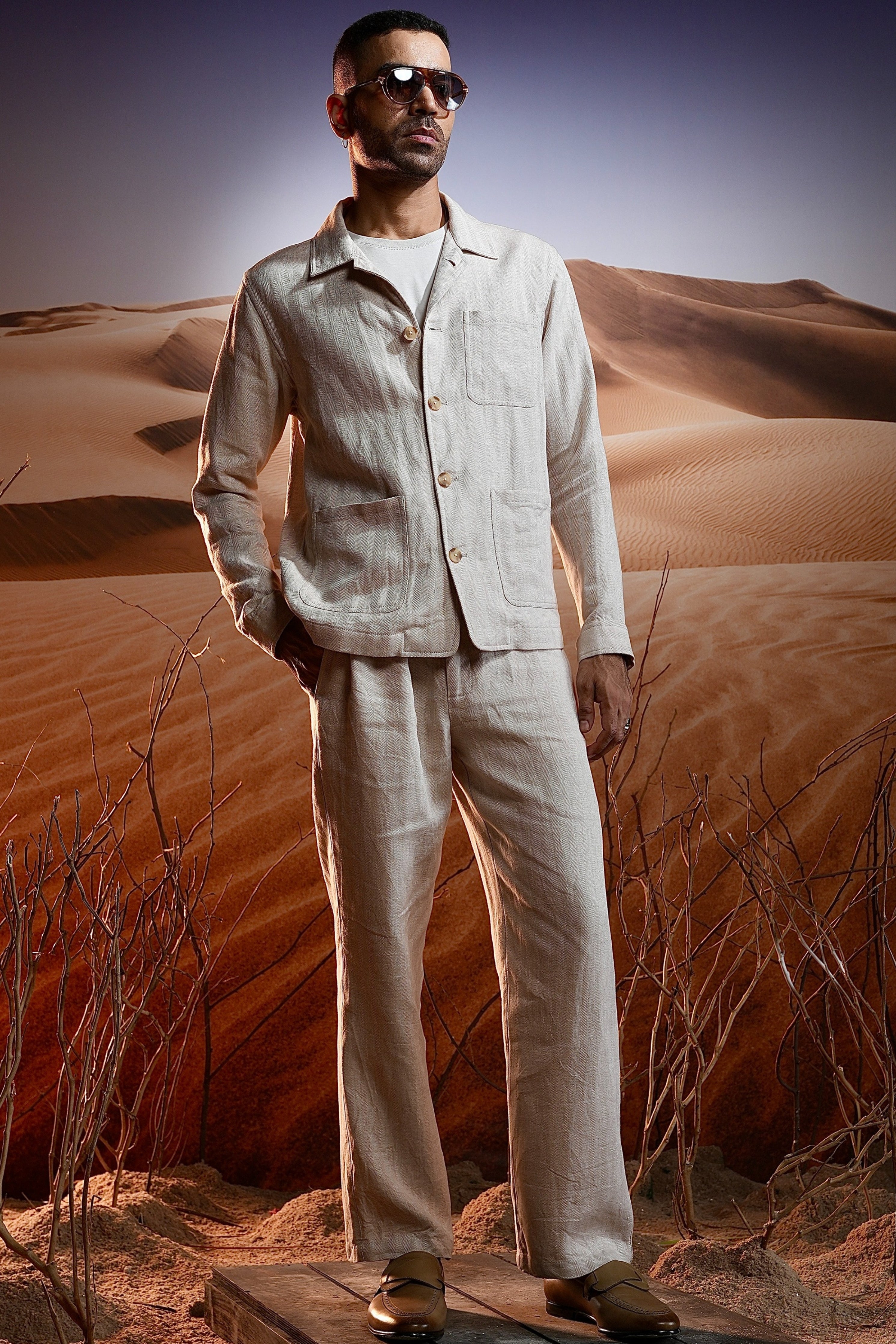 Beige Herringbone Linen Co-Ord Set