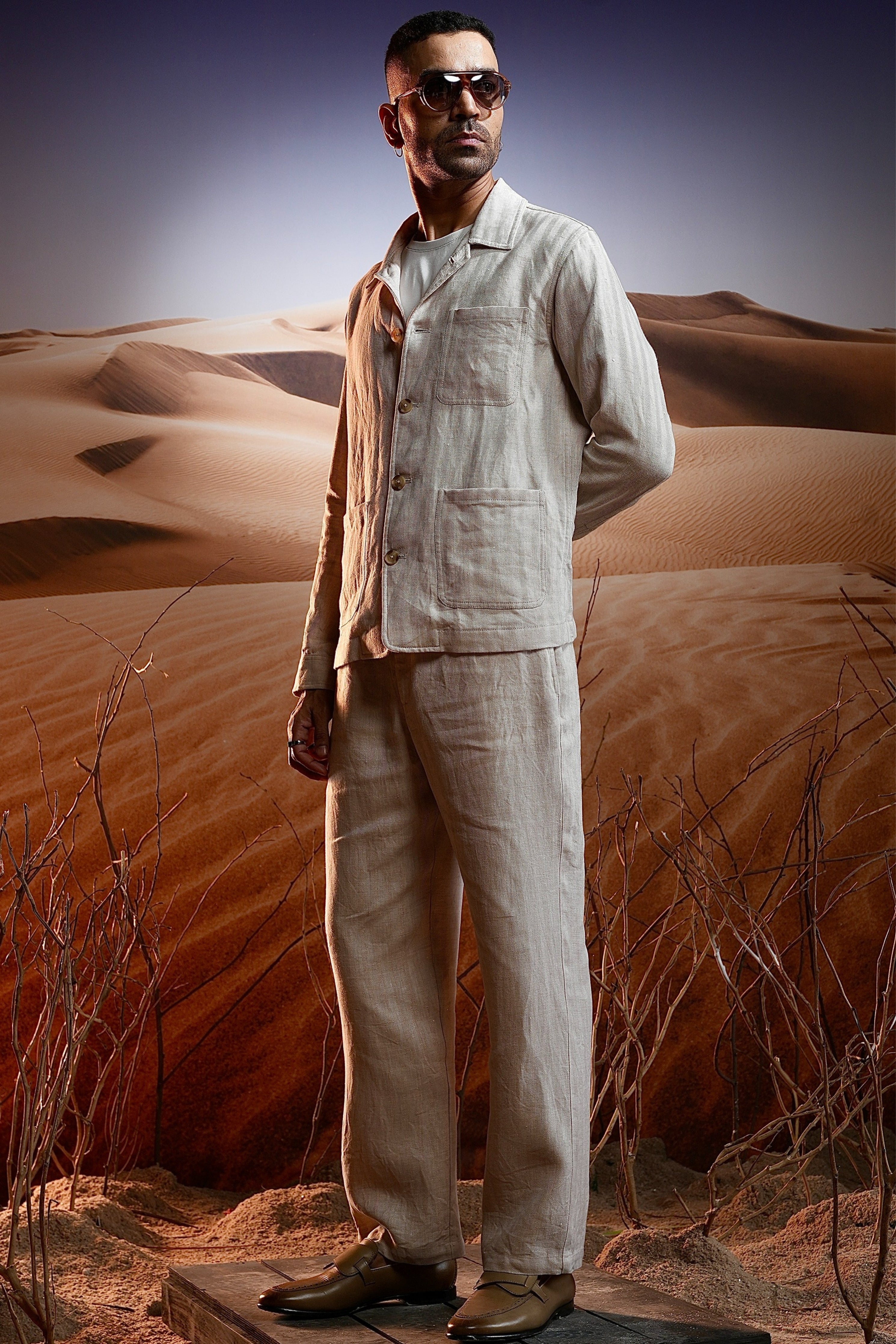 Beige Herringbone Linen Co-Ord Set