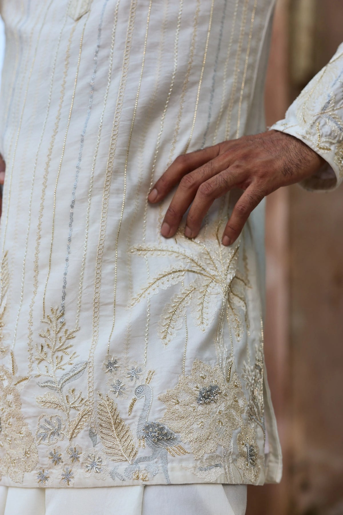 Ivory Zari Palm Silk Embroidered Kurta Set