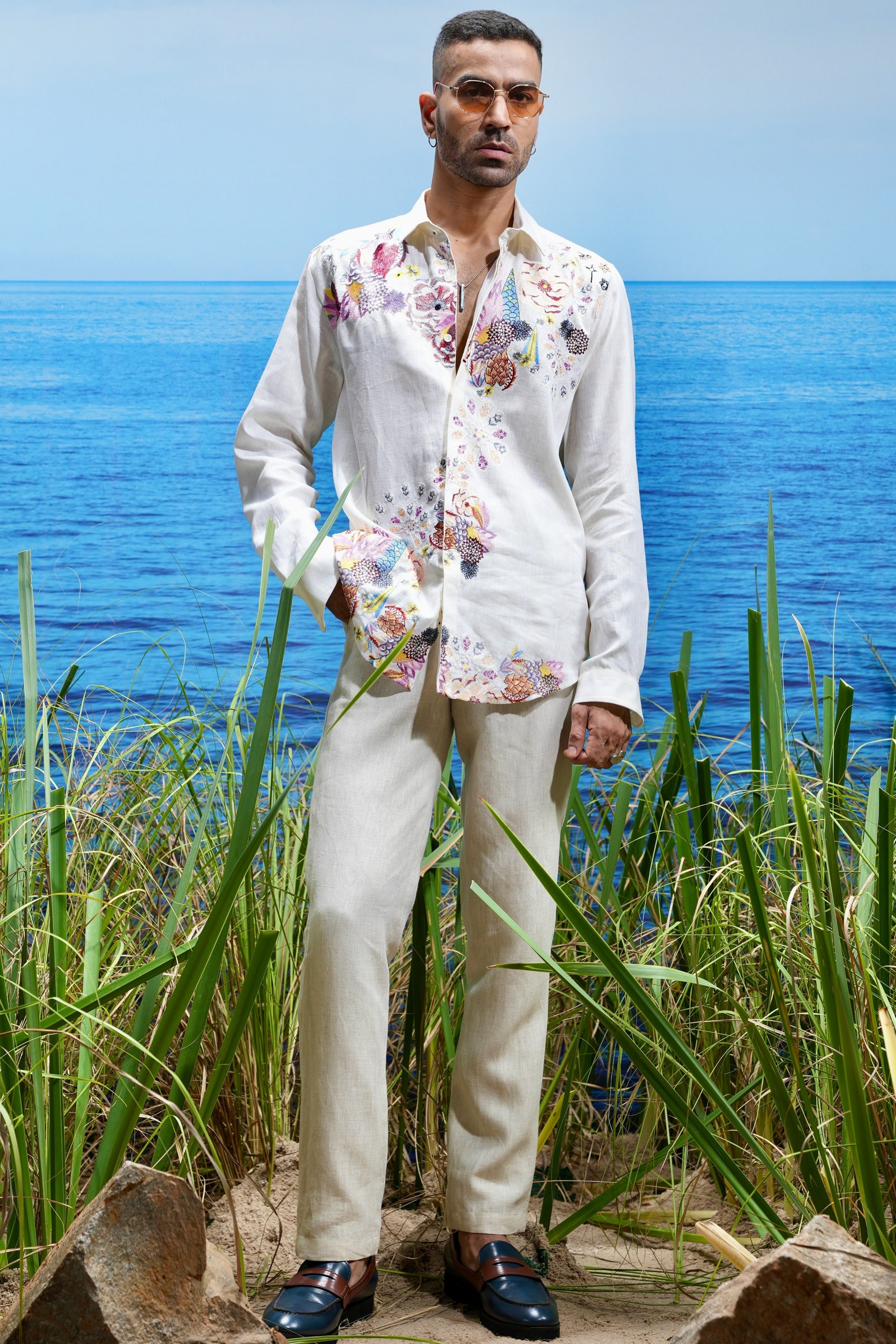 Floral Odyssey Embroidered Linen Shirt