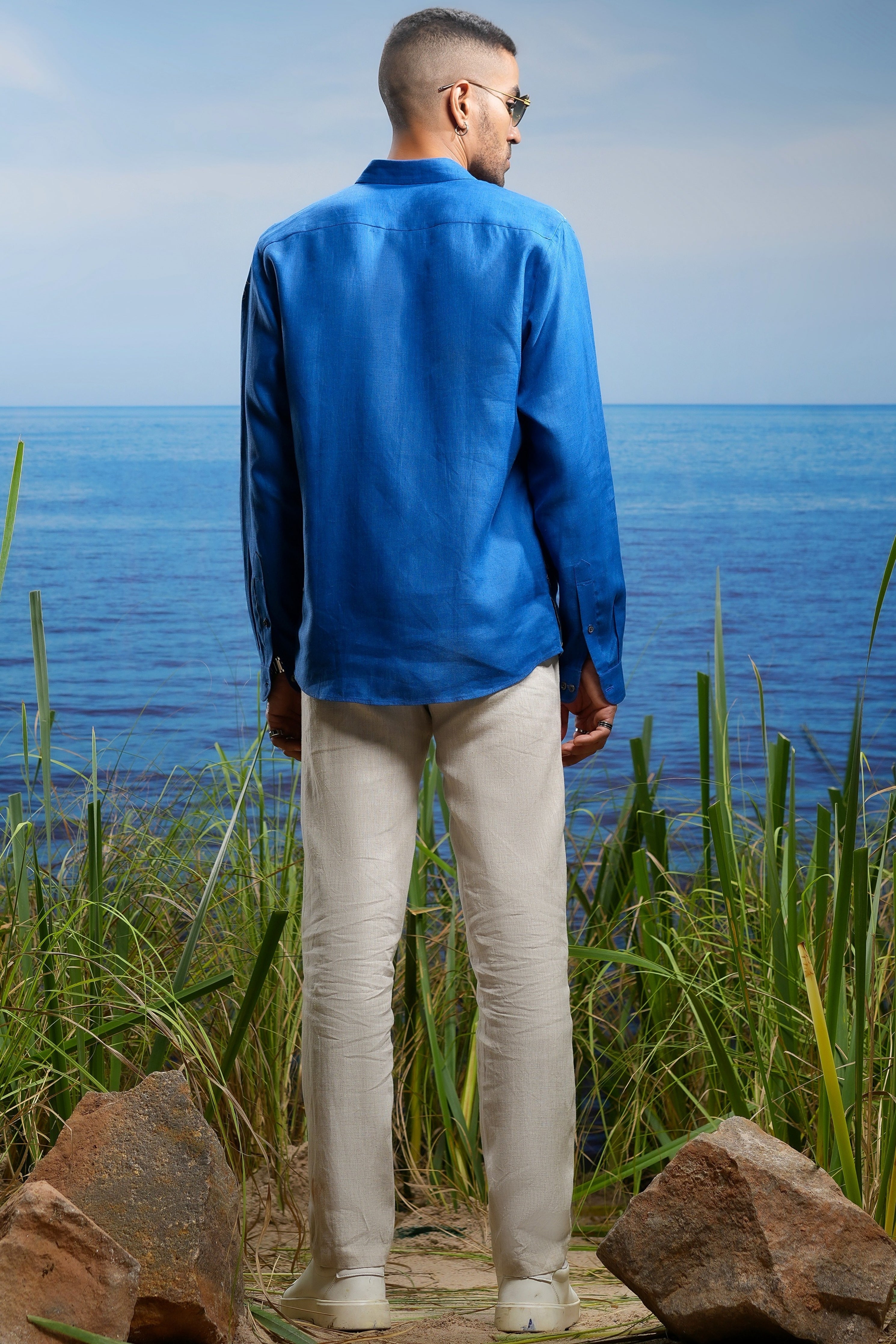 Blue Crane Tapestry Embroidered Linen Shirt