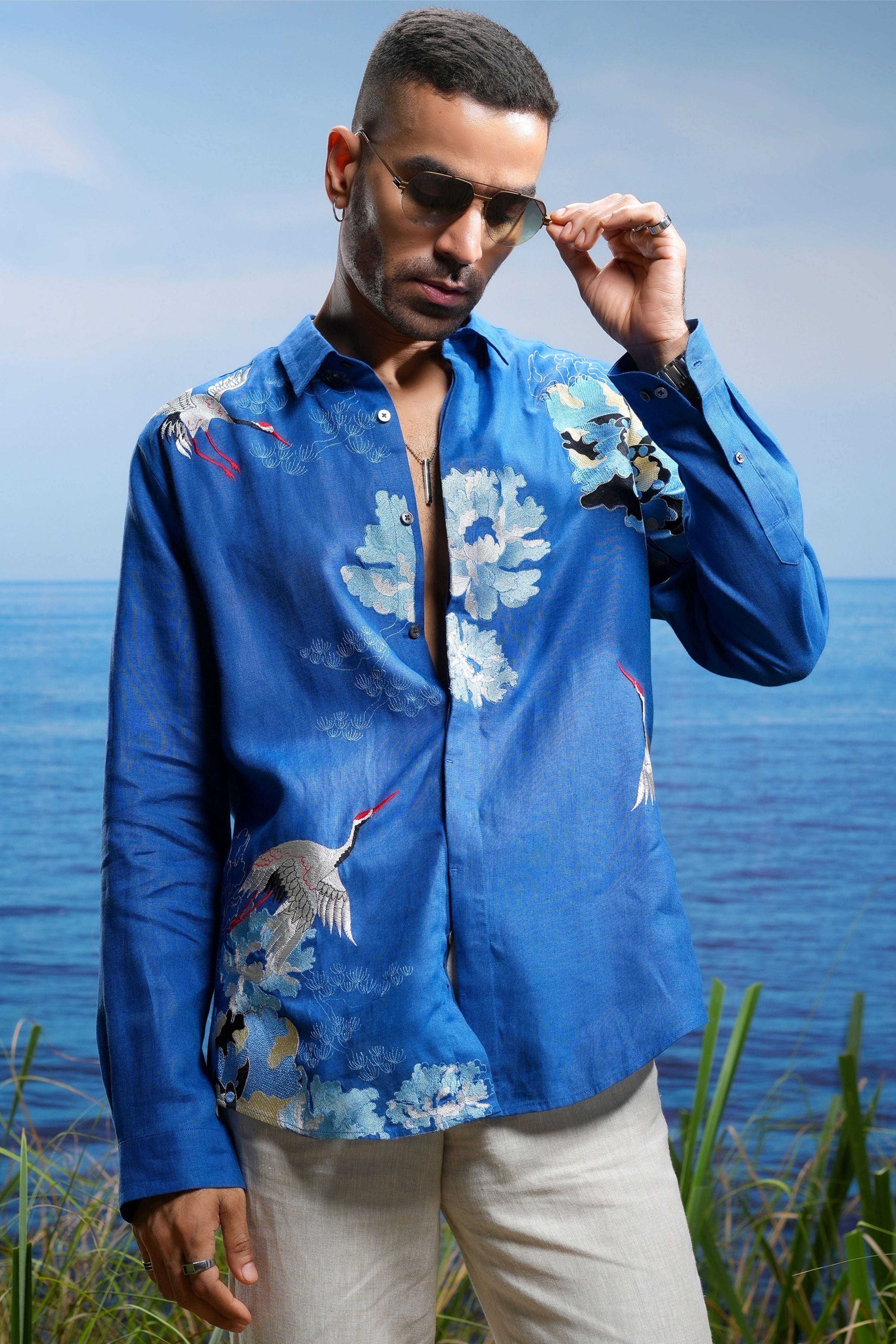 Blue Crane Tapestry Embroidered Linen Shirt
