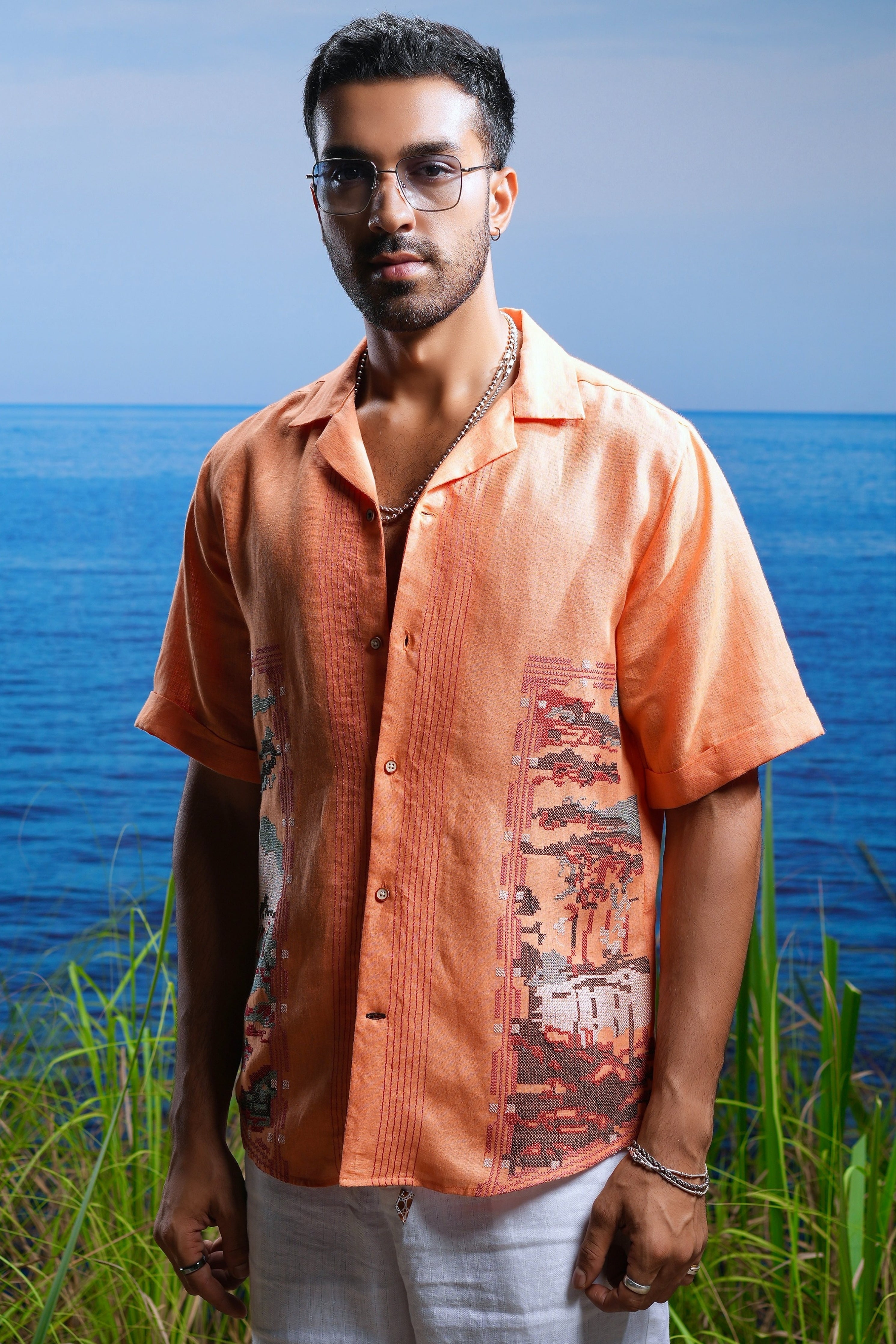 Sunset Stitch Tapestry Embroidered Linen Shirt