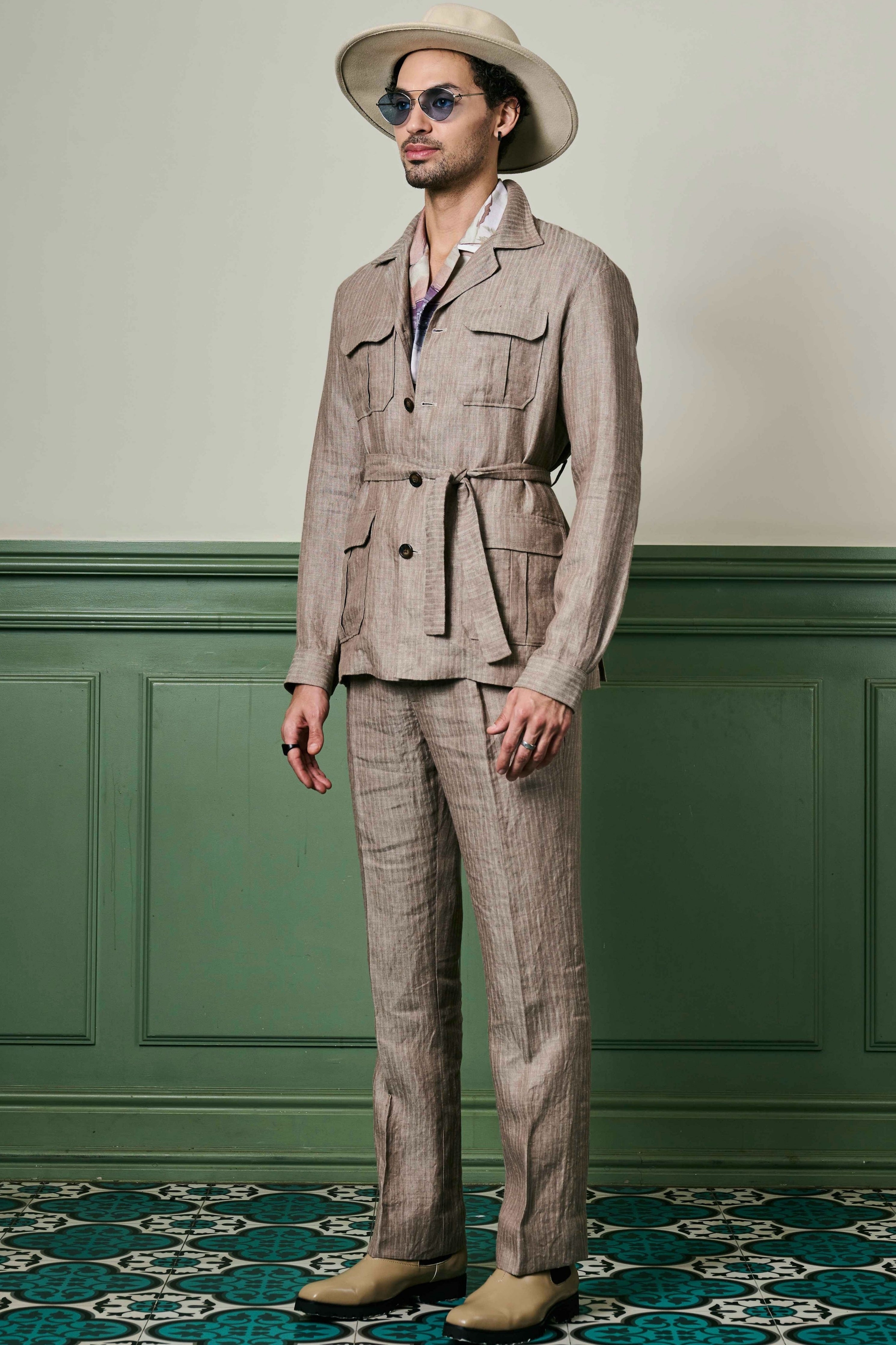 Herringbone Textured Linen Safari Suit