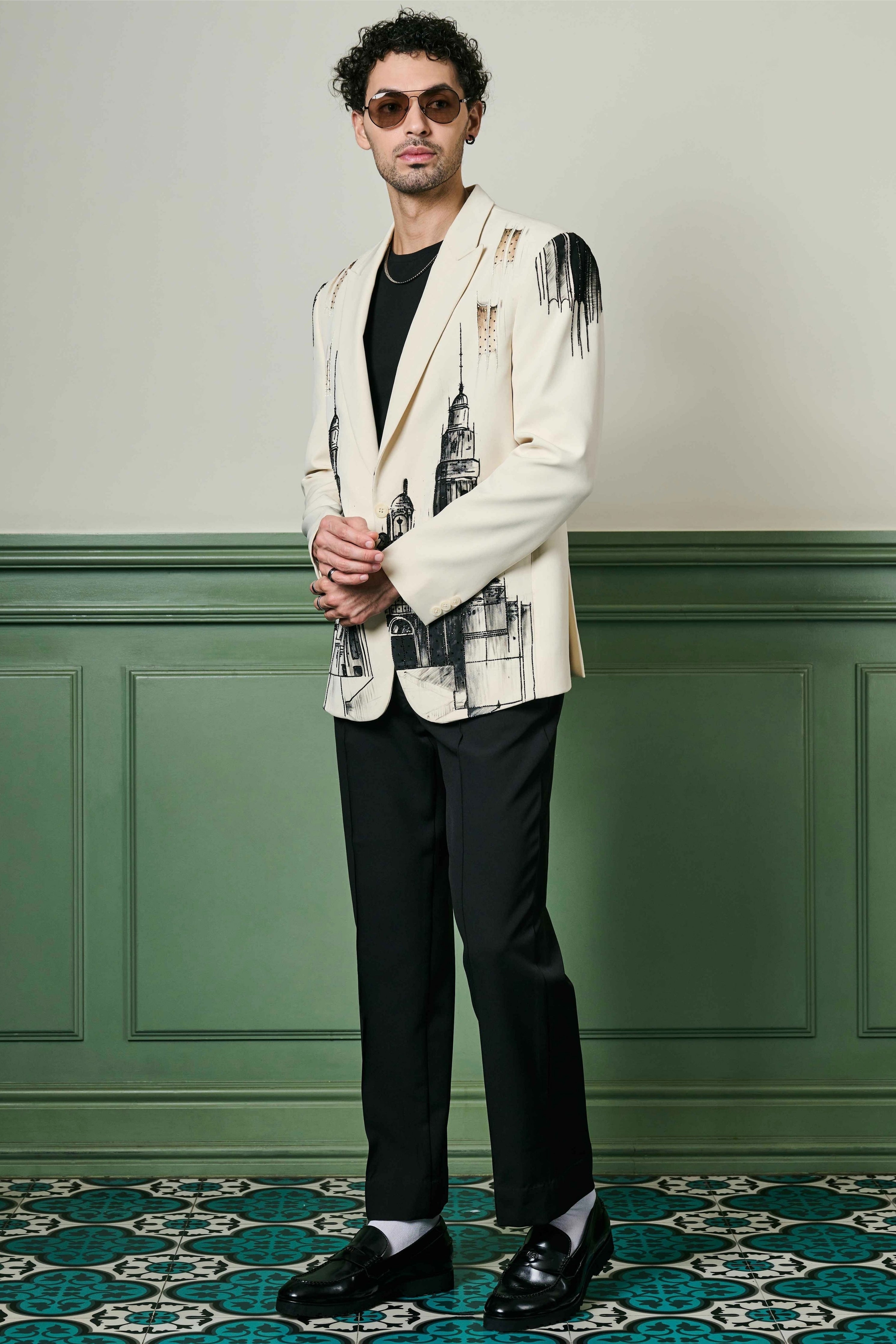 Aditya Seal in Cityscape Hand-Painted Ceremonial Suit
