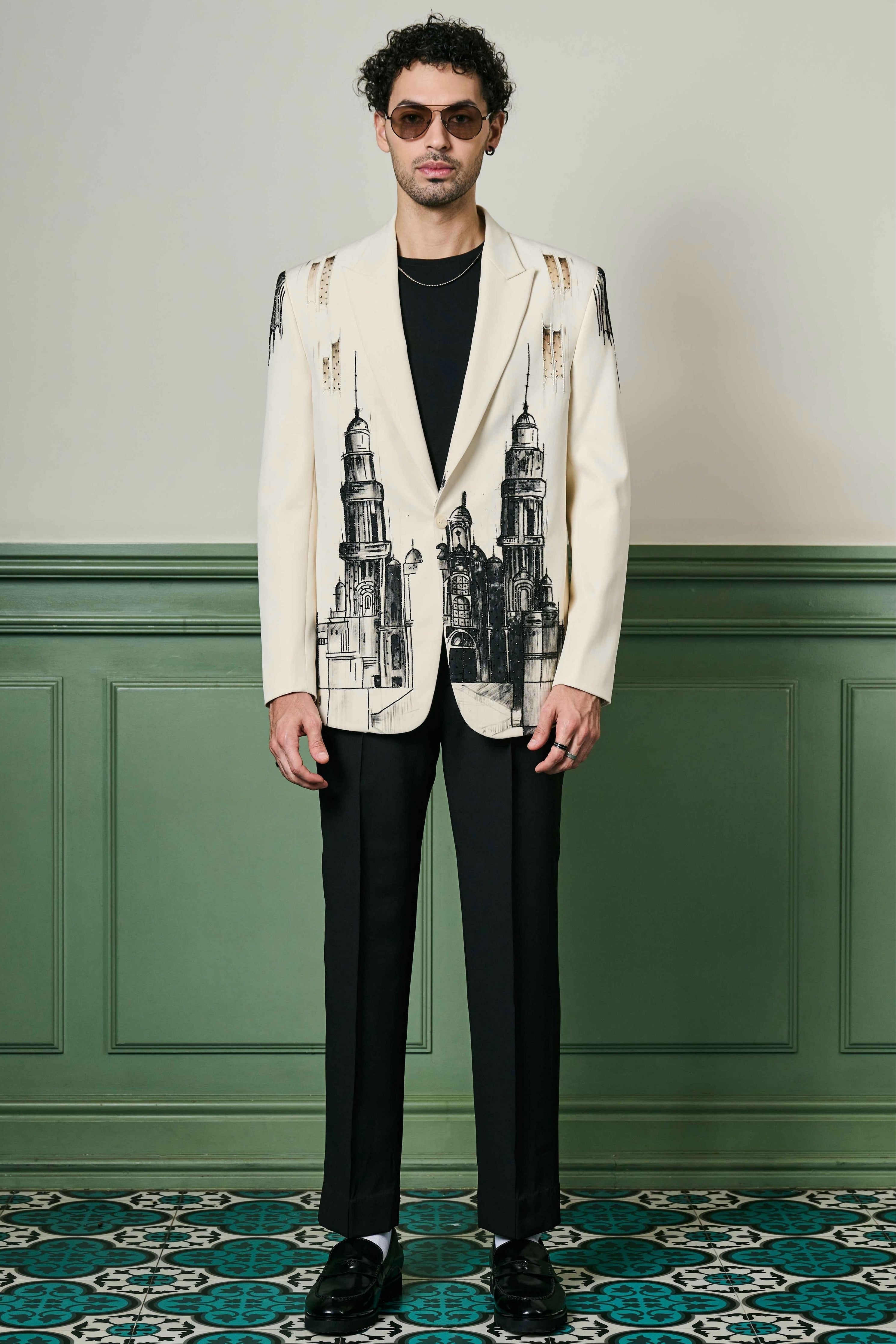 Aditya Seal in Cityscape Hand-Painted Ceremonial Suit