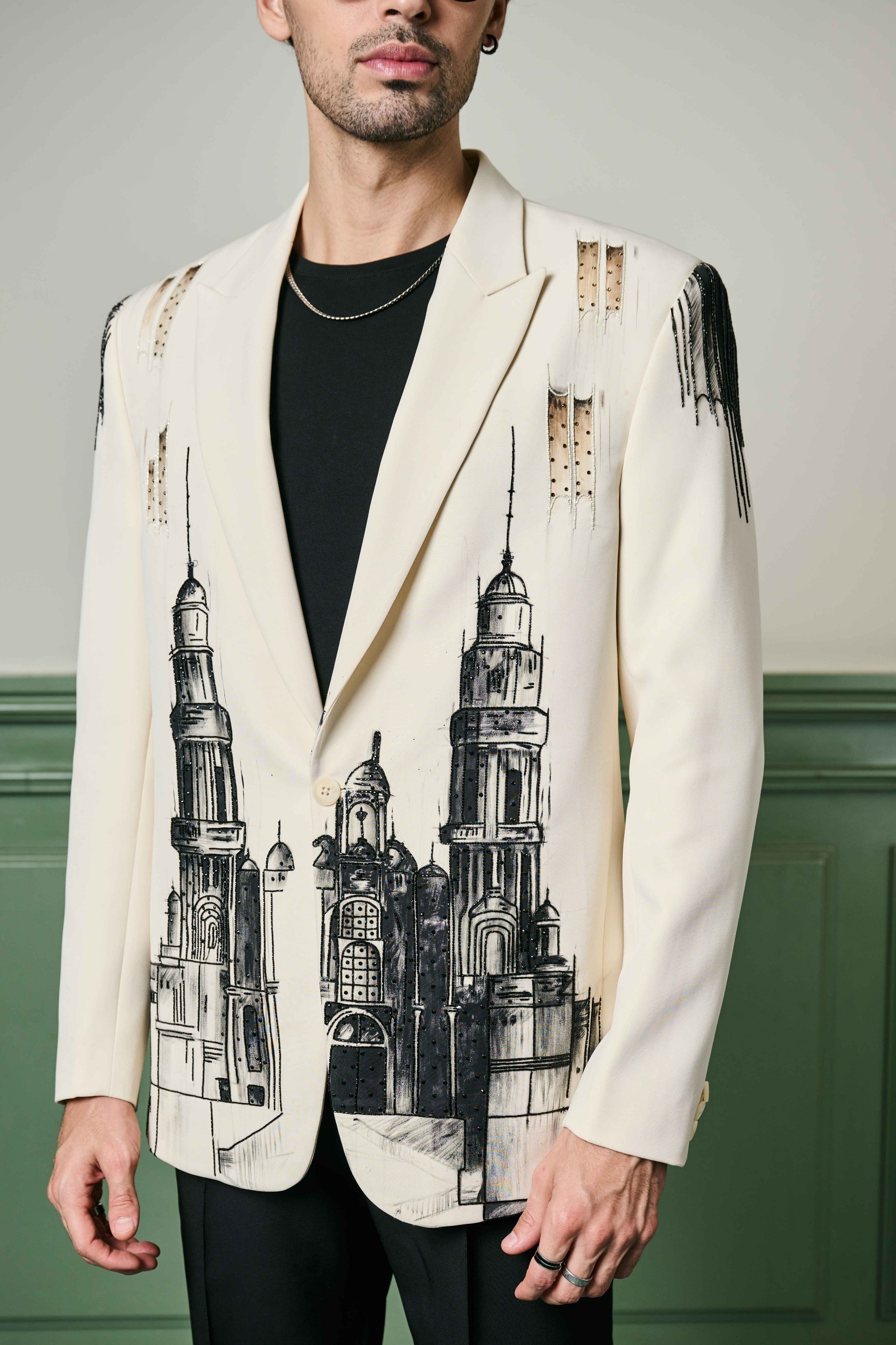 Aditya Seal in Cityscape Hand-Painted Ceremonial Suit