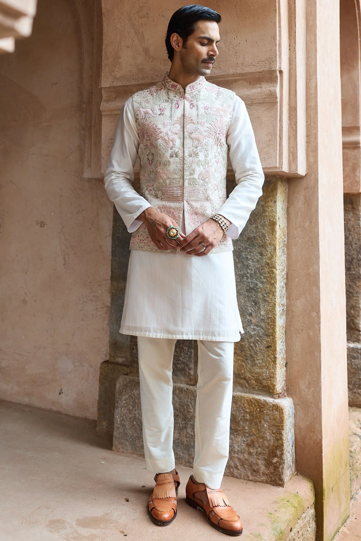 Ivory Velvet-Patch Raw Silk Embroidered Bundi Kurta Set