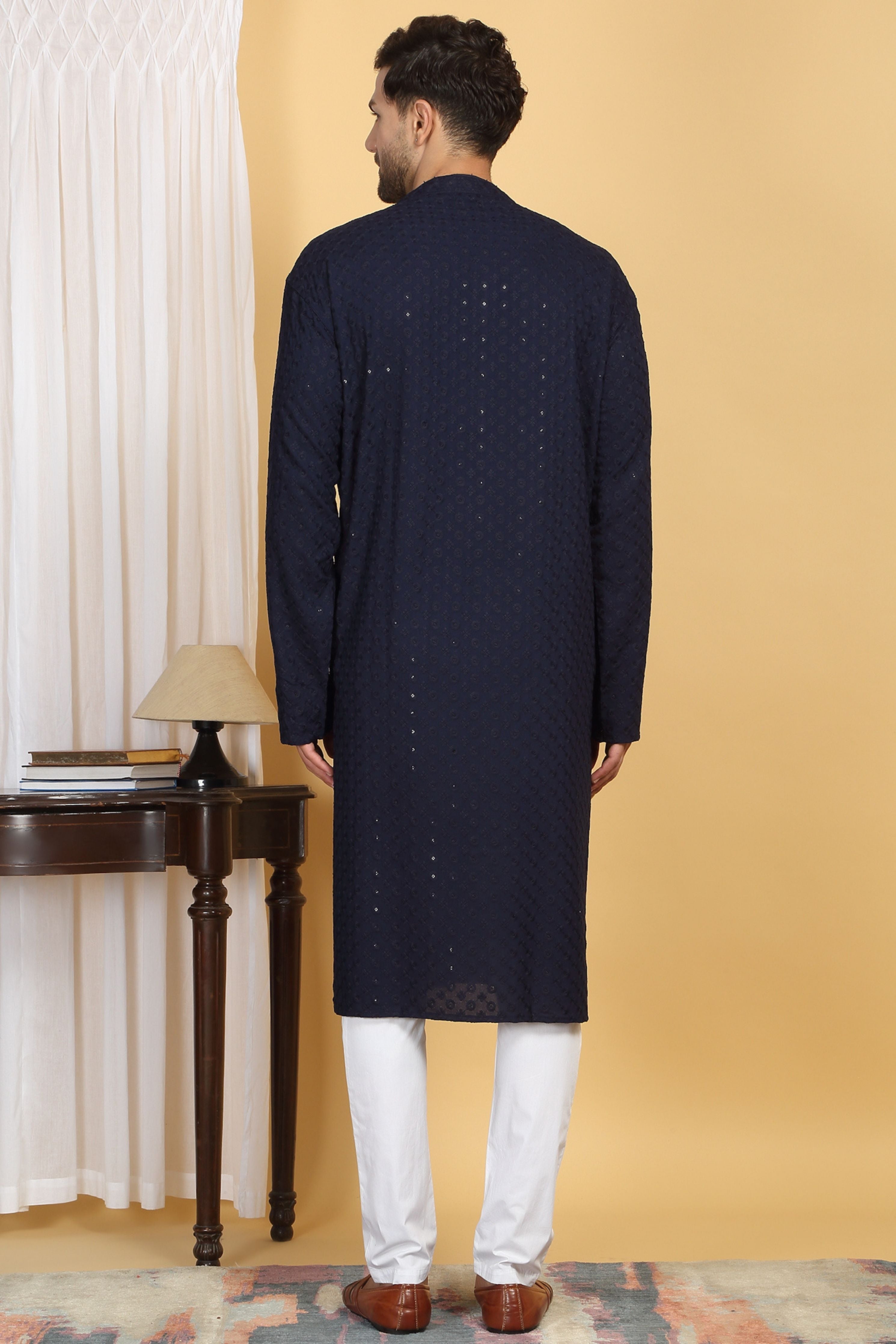 Floral Navy Thread Embroidered Kurta Set