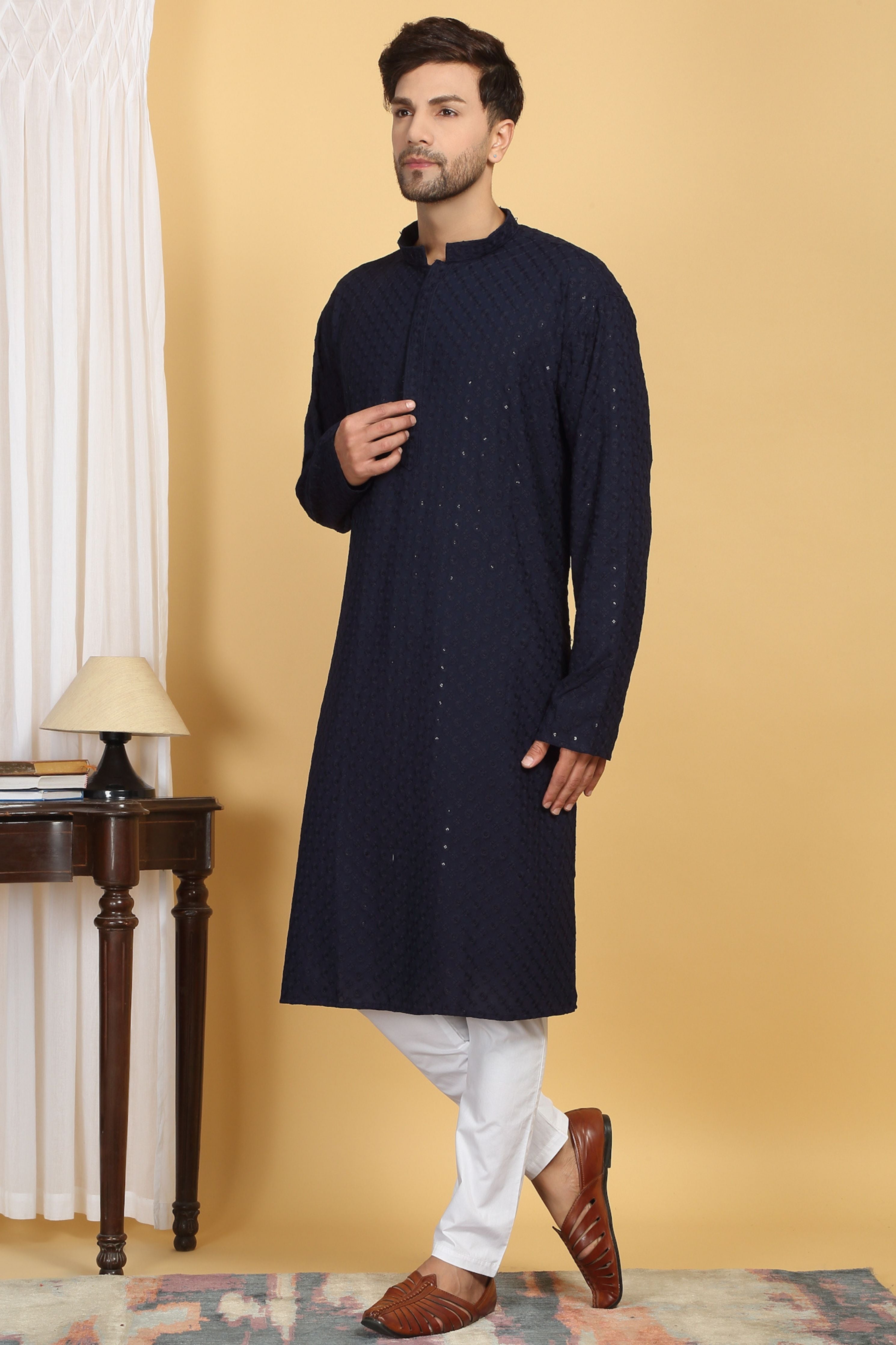 Floral Navy Thread Embroidered Kurta Set