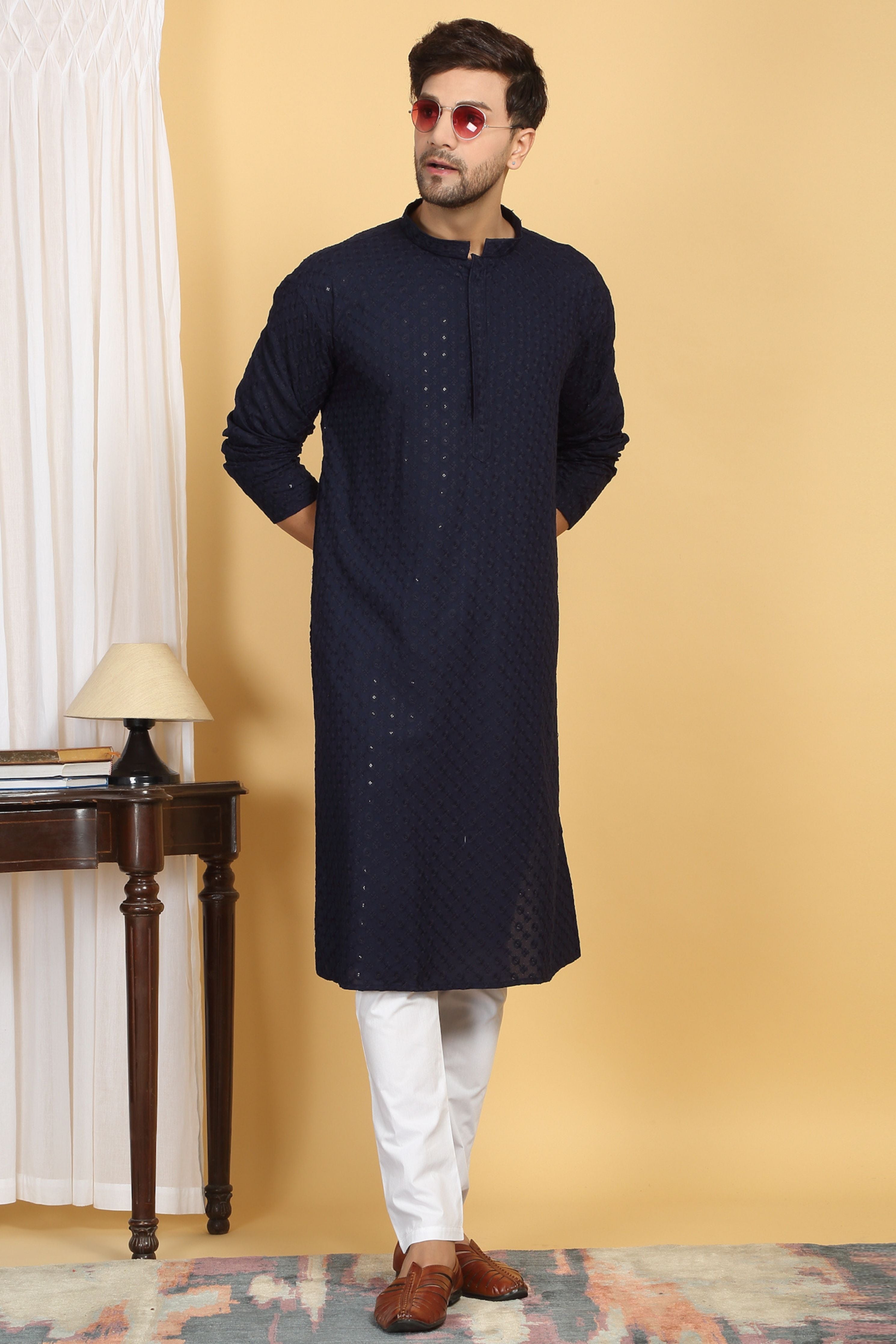Floral Navy Thread Embroidered Kurta Set
