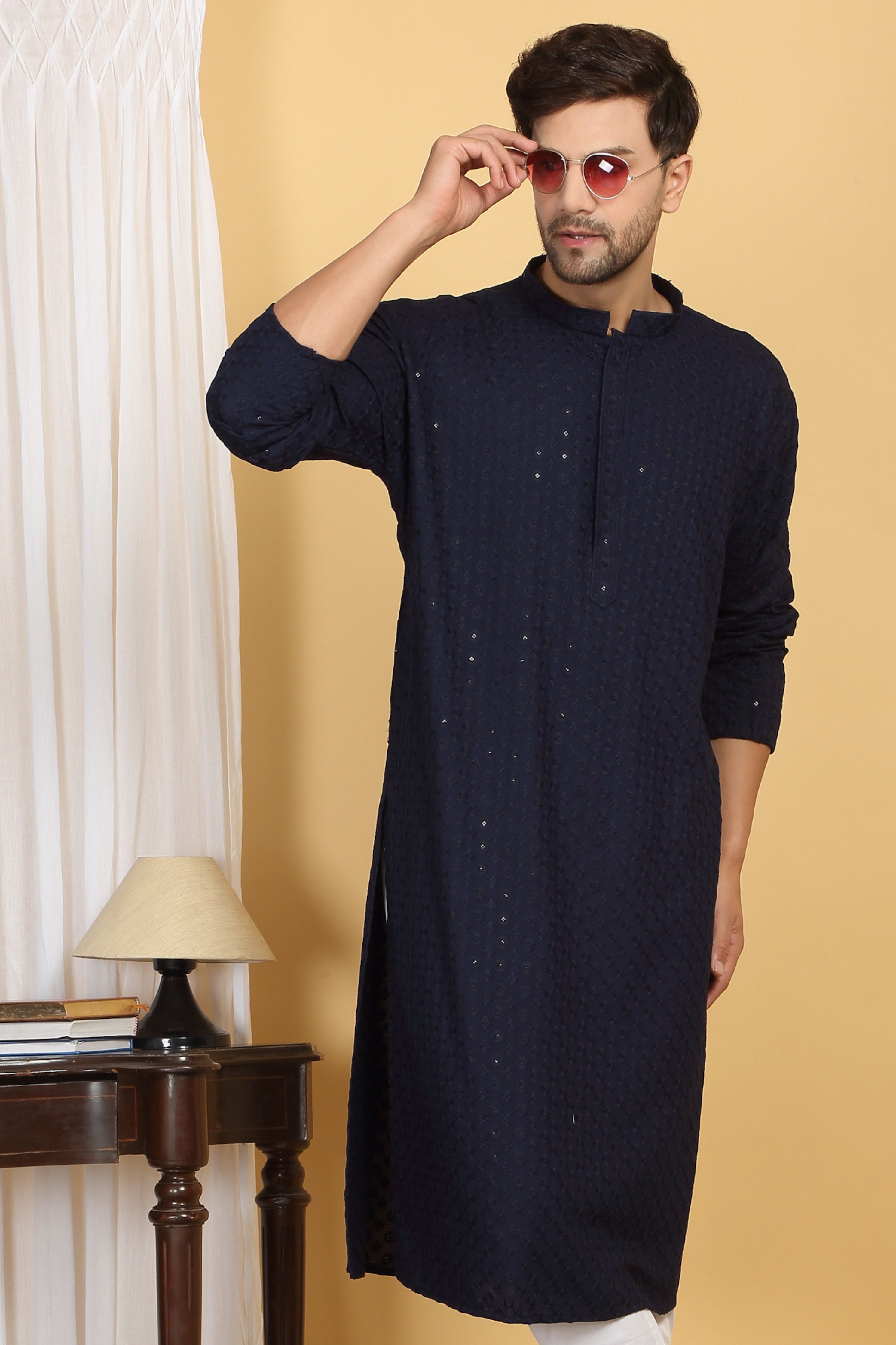 Floral Navy Thread Embroidered Kurta Set