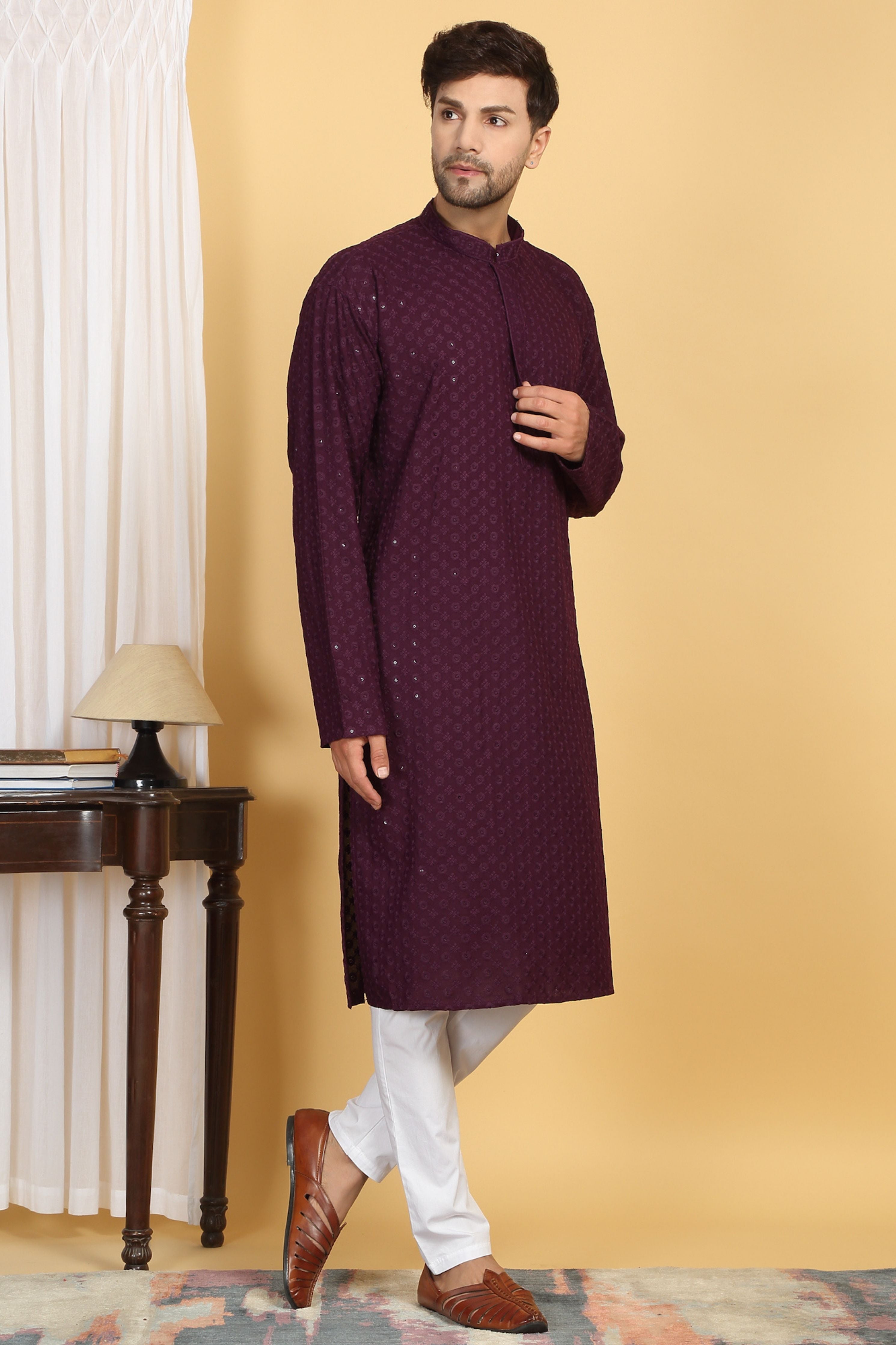 Floral Wine Thread Embroidered Kurta Set