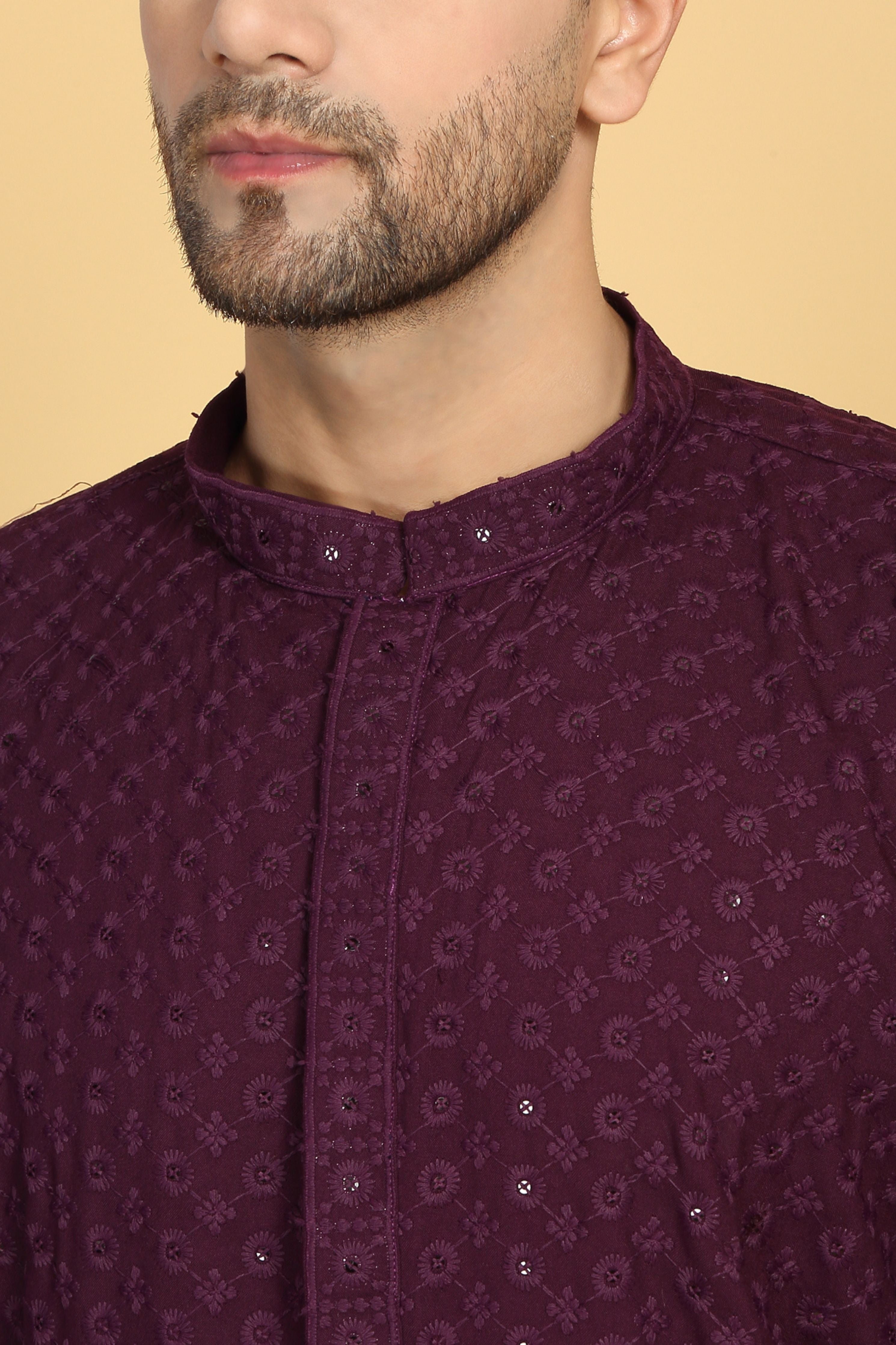 Floral Wine Thread Embroidered Kurta Set