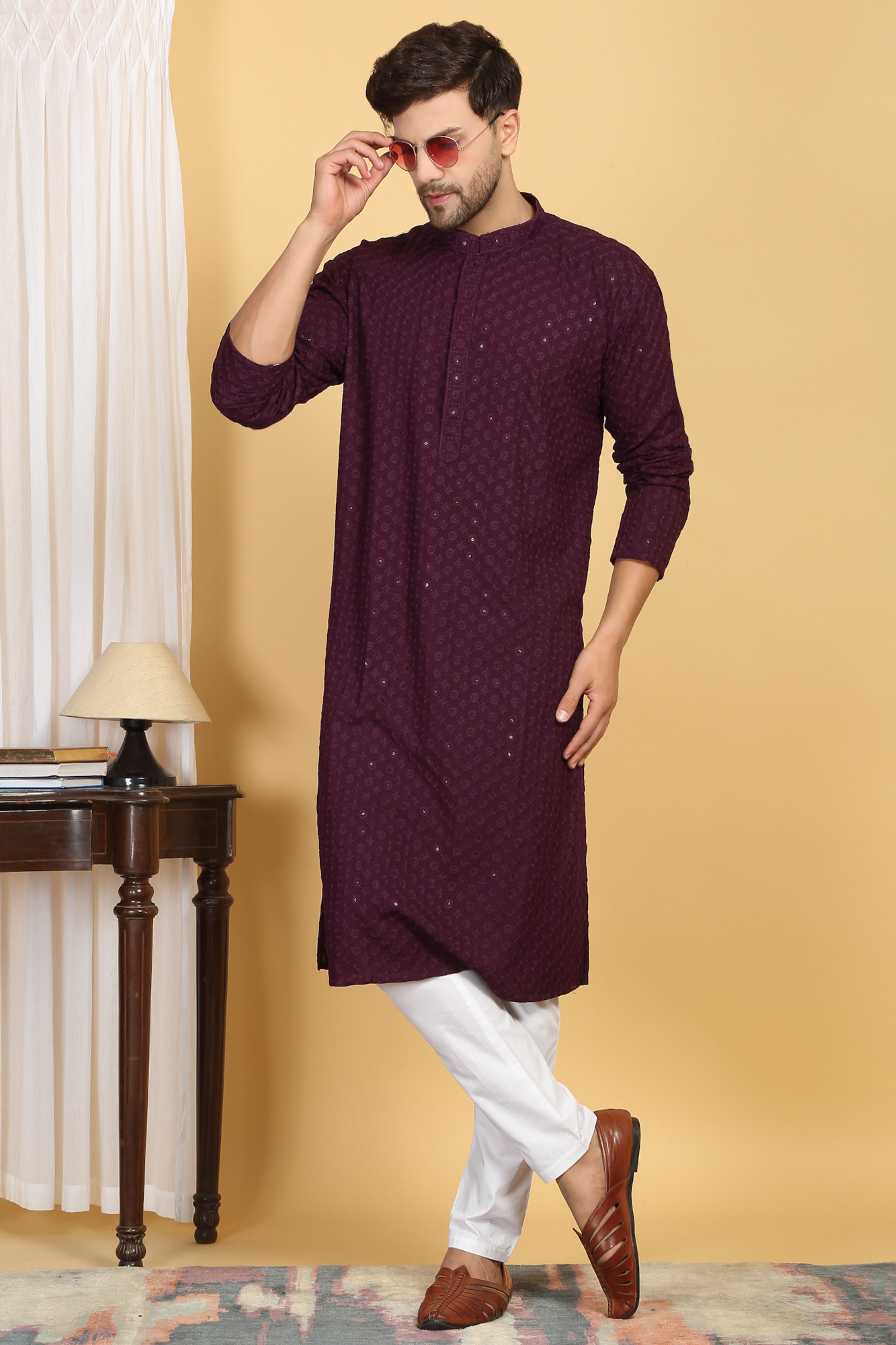 Floral Wine Thread Embroidered Kurta Set