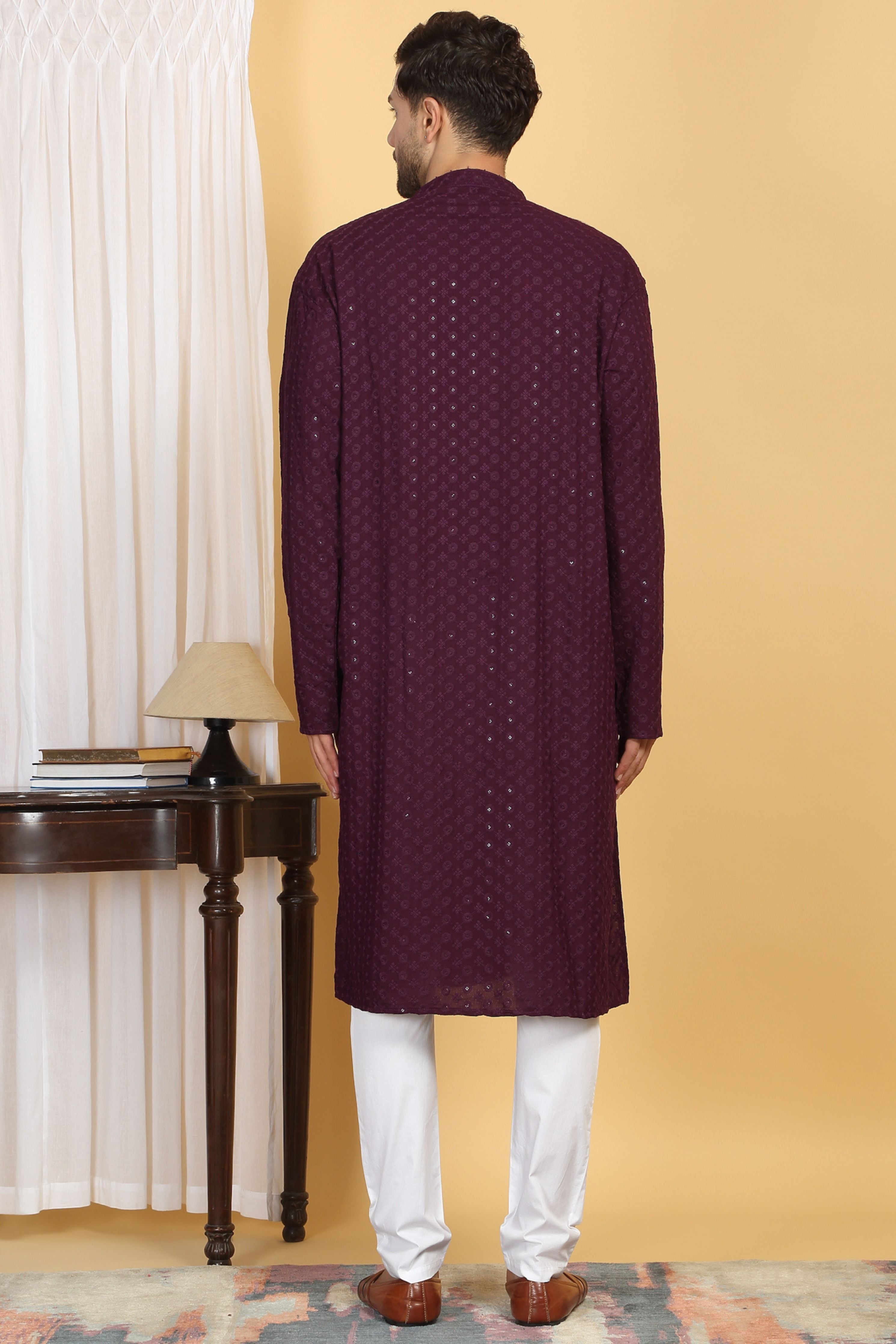 Floral Wine Thread Embroidered Kurta Set