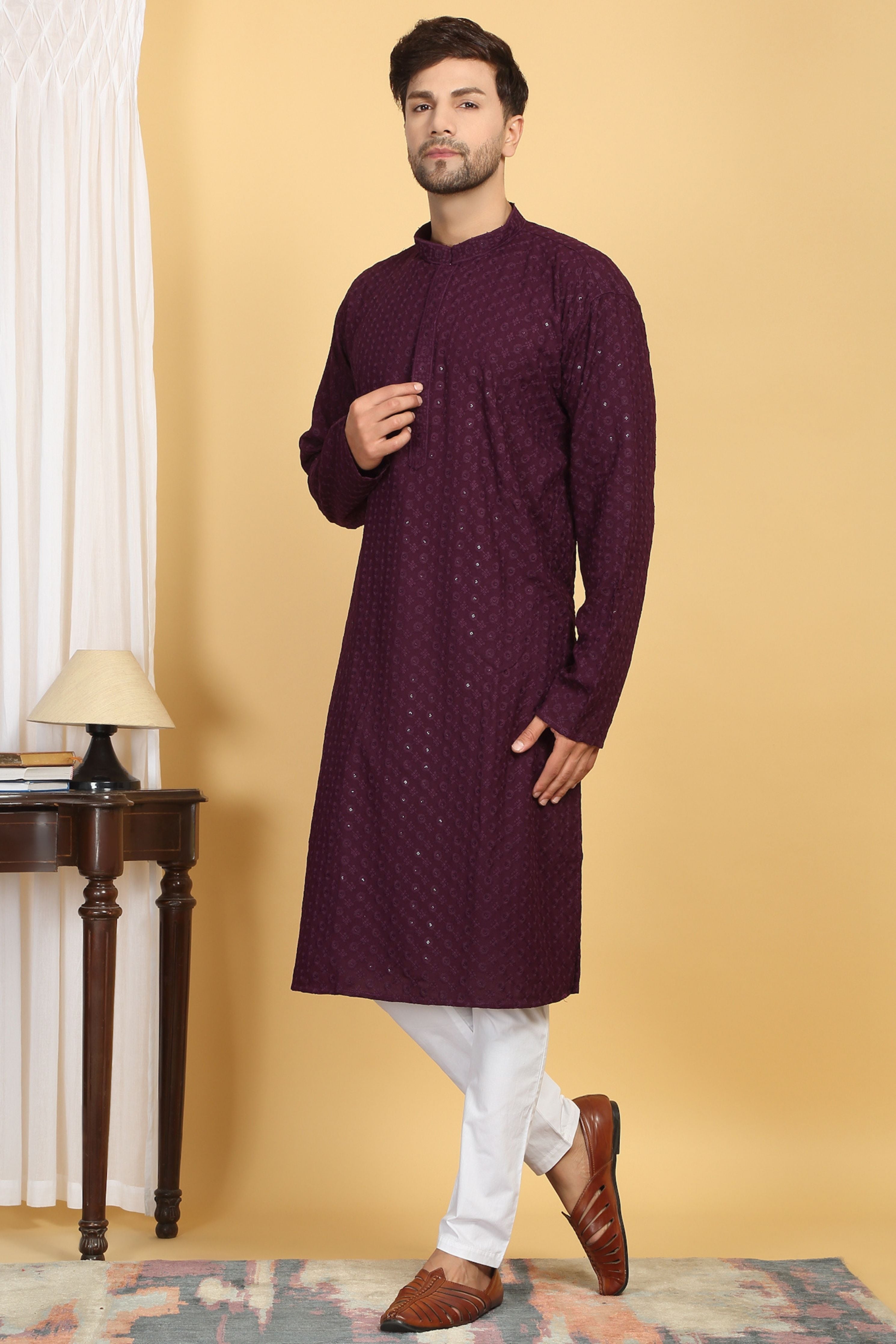 Floral Wine Thread Embroidered Kurta Set