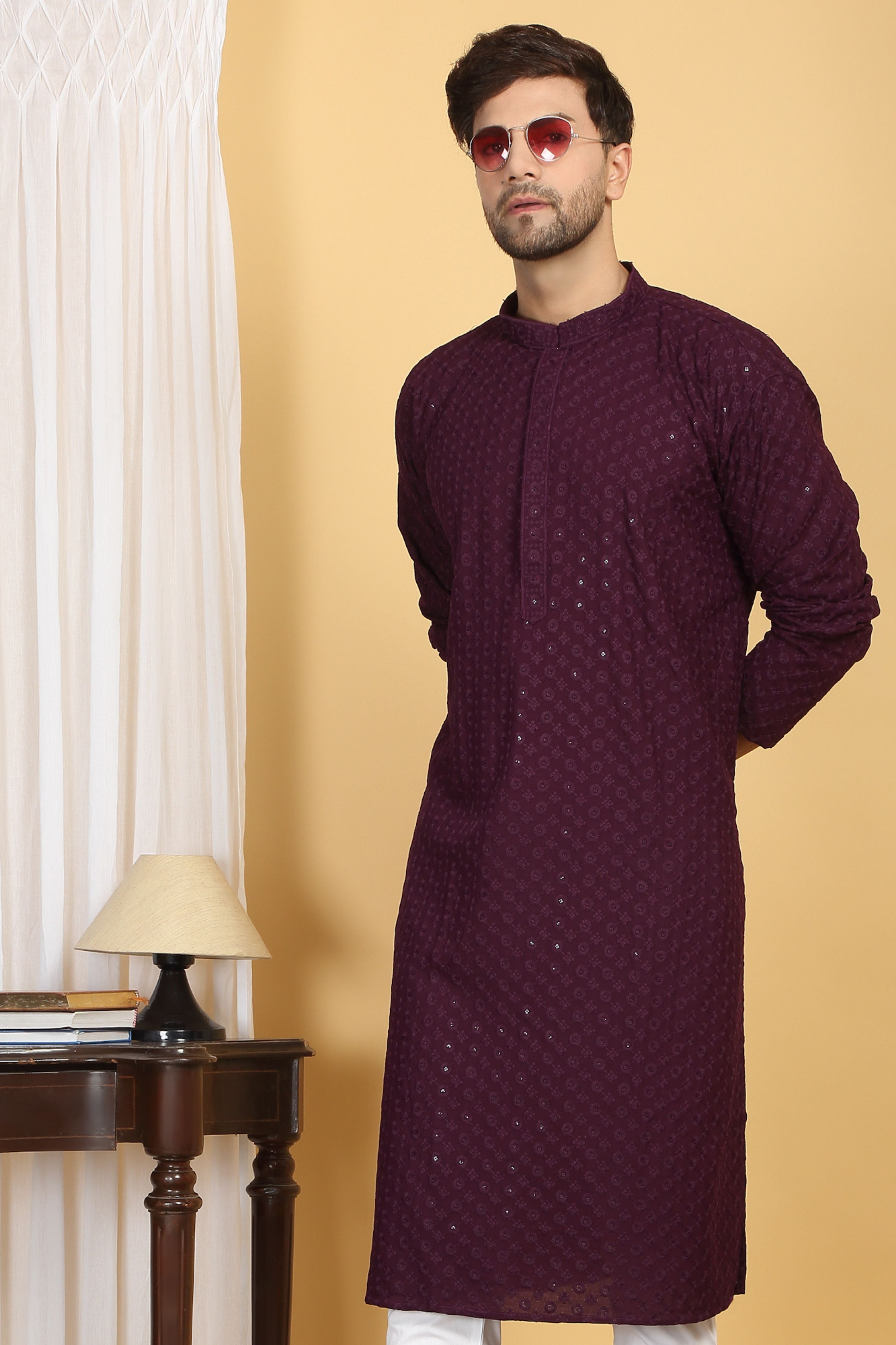 Floral Wine Thread Embroidered Kurta Set