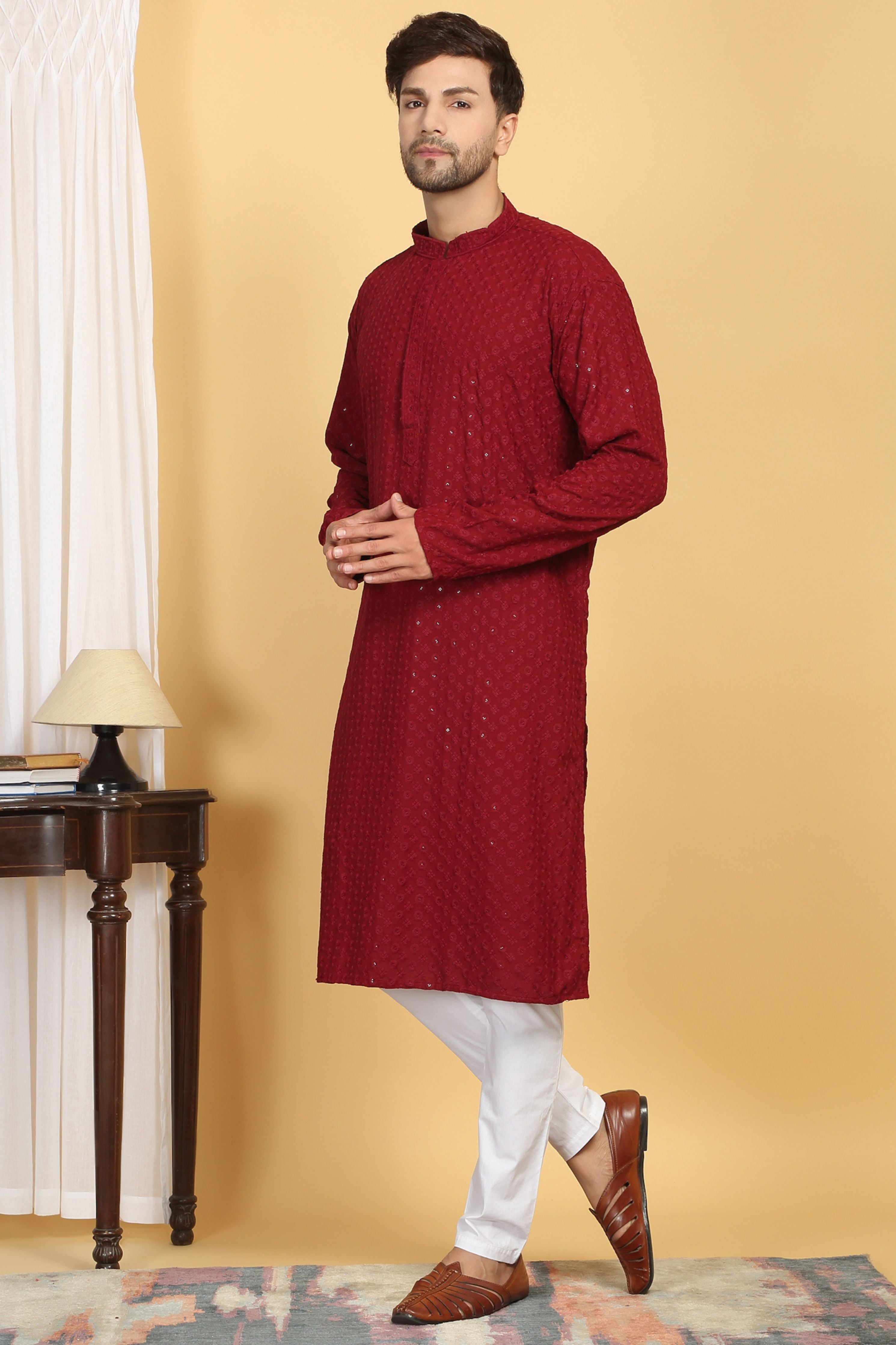 Floral Red Thread Embroidered Kurta Set