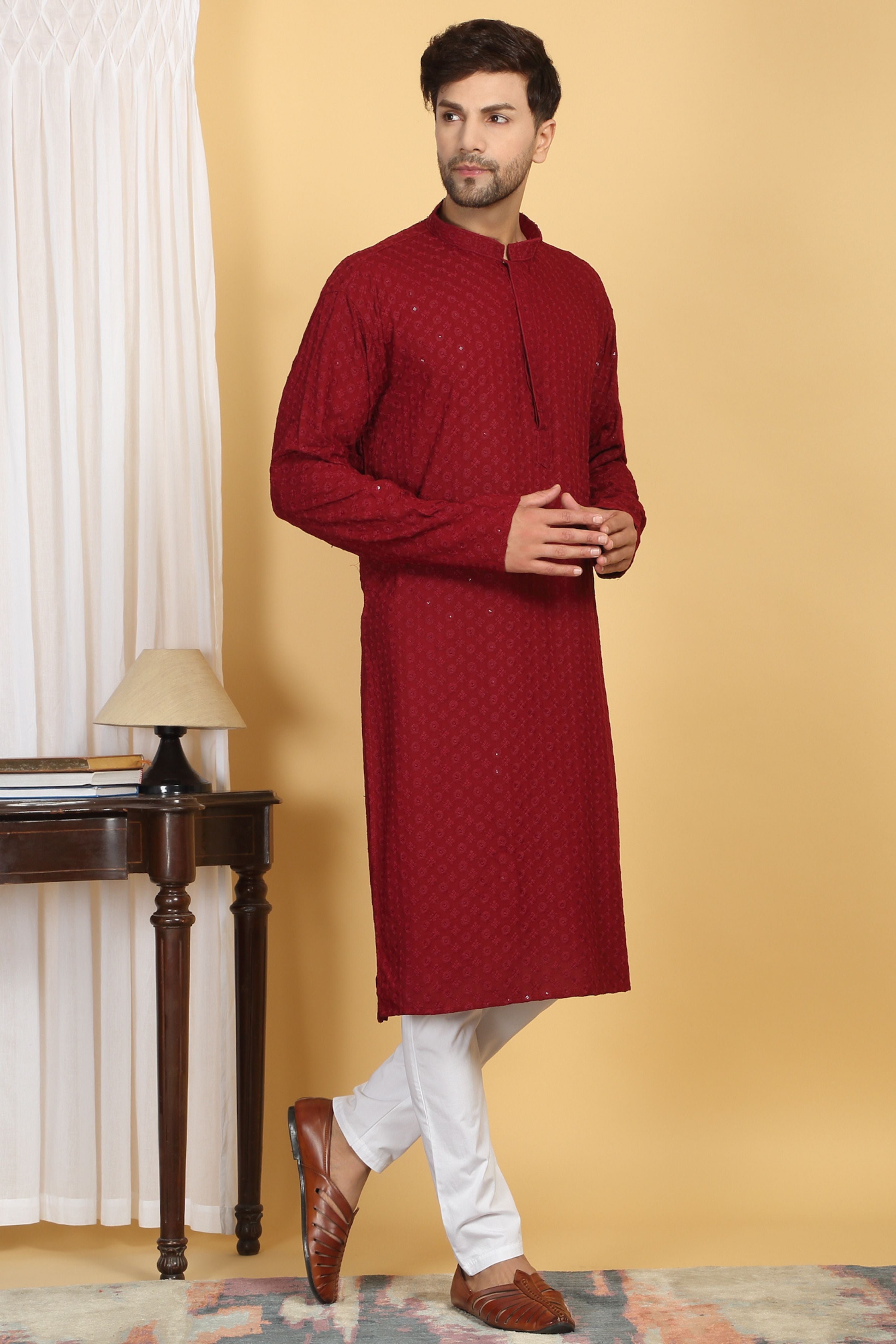 Floral Red Thread Embroidered Kurta Set