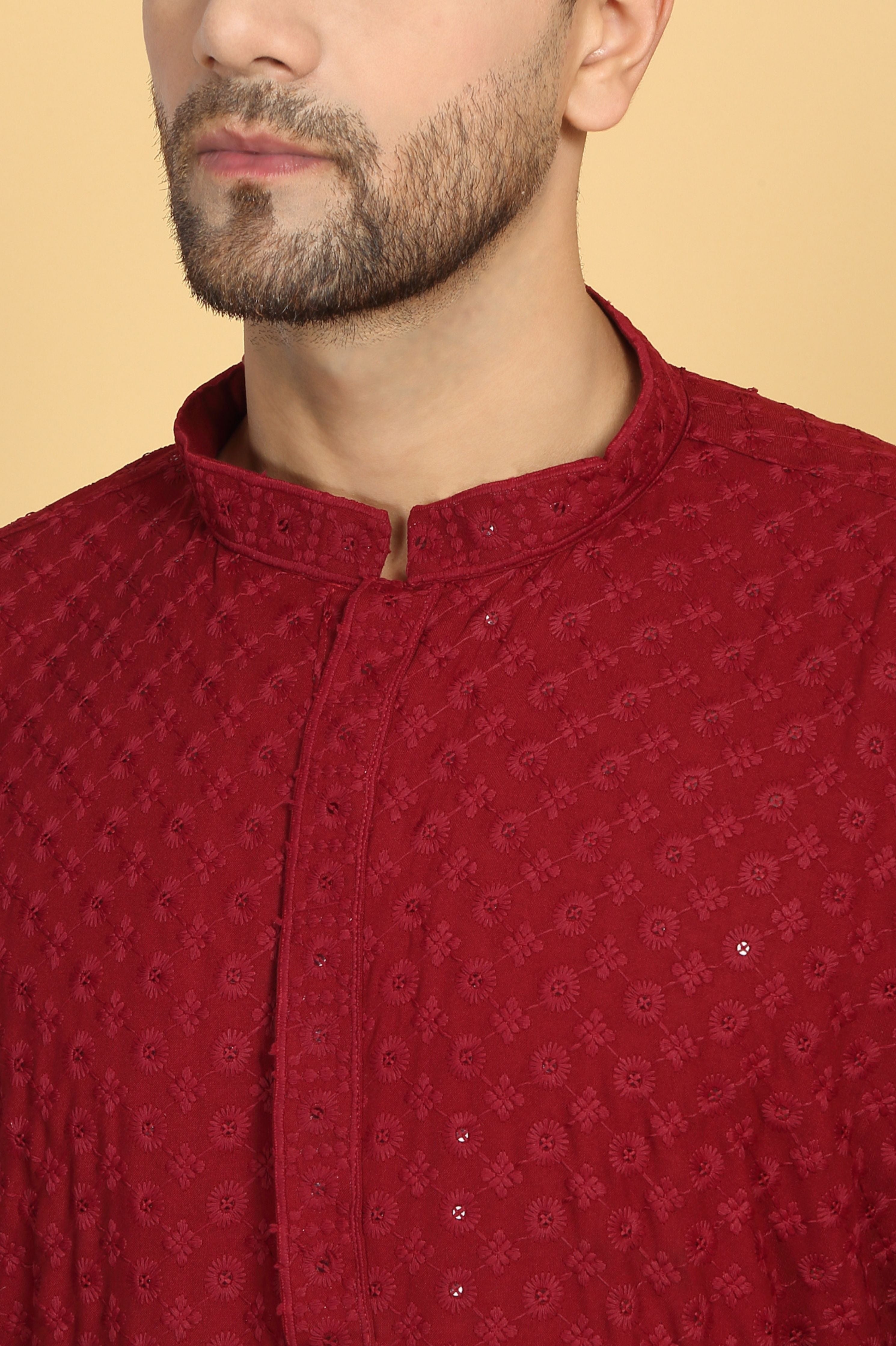Floral Red Thread Embroidered Kurta Set