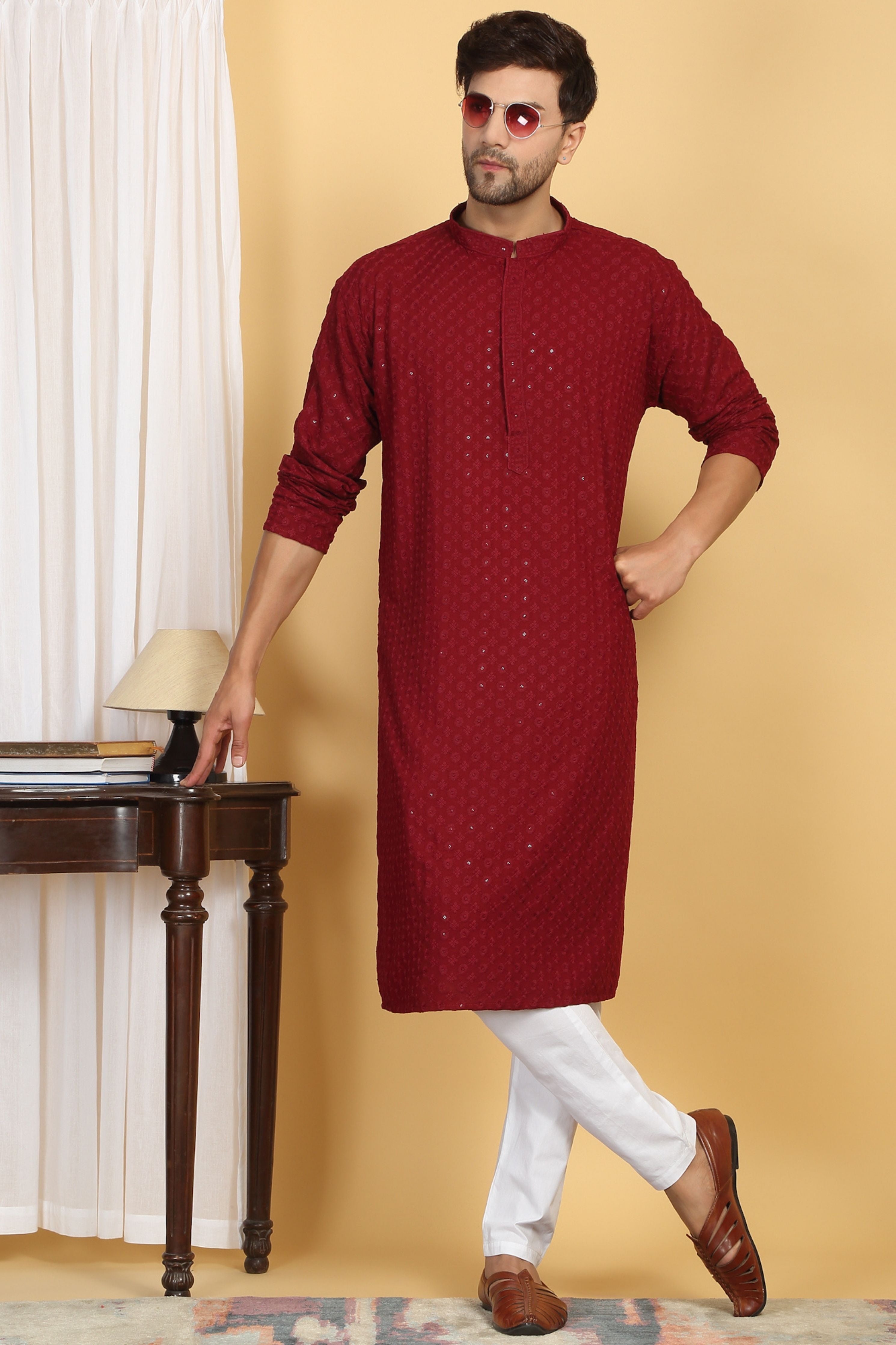 Floral Red Thread Embroidered Kurta Set