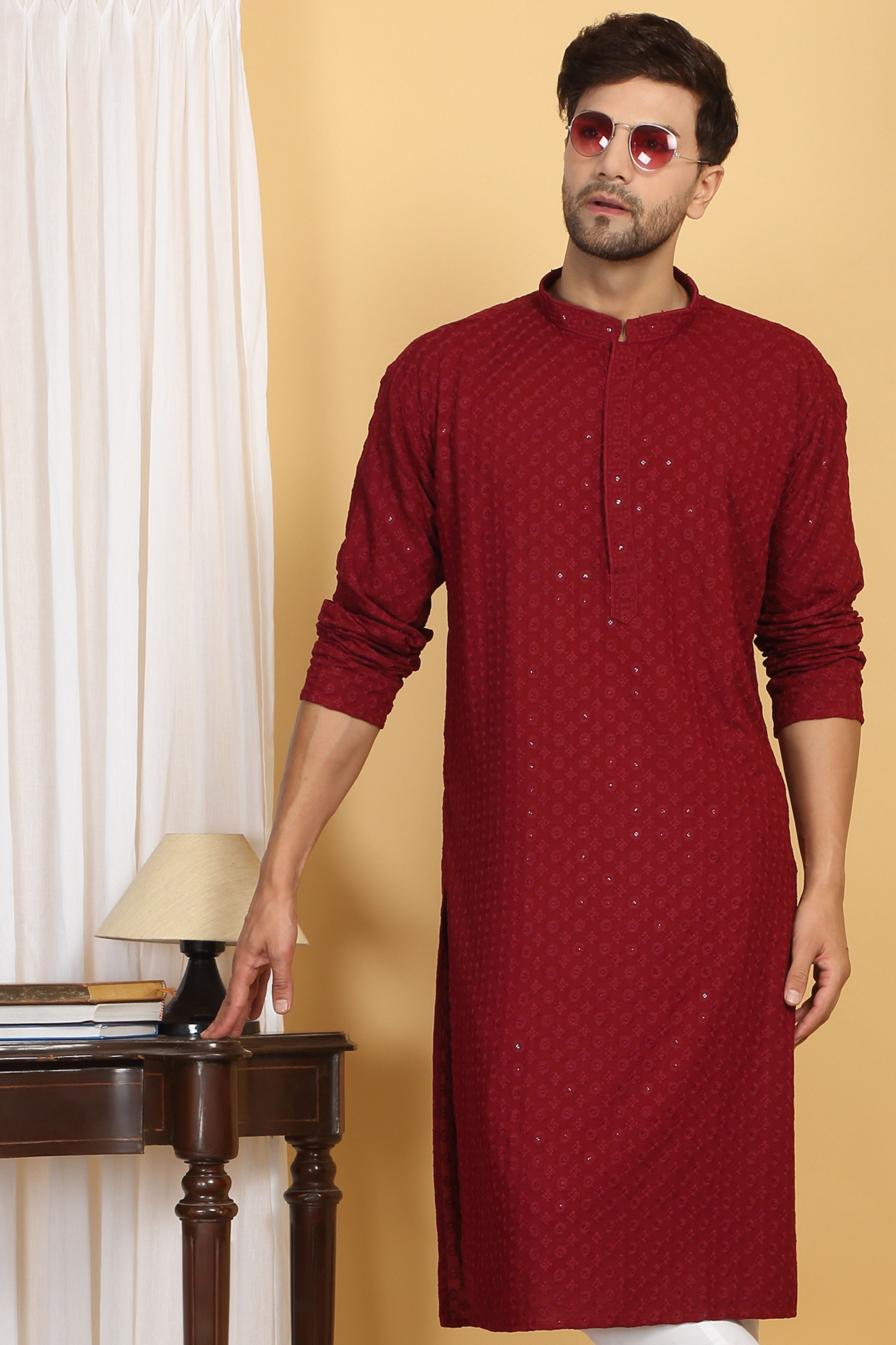 Floral Red Thread Embroidered Kurta Set