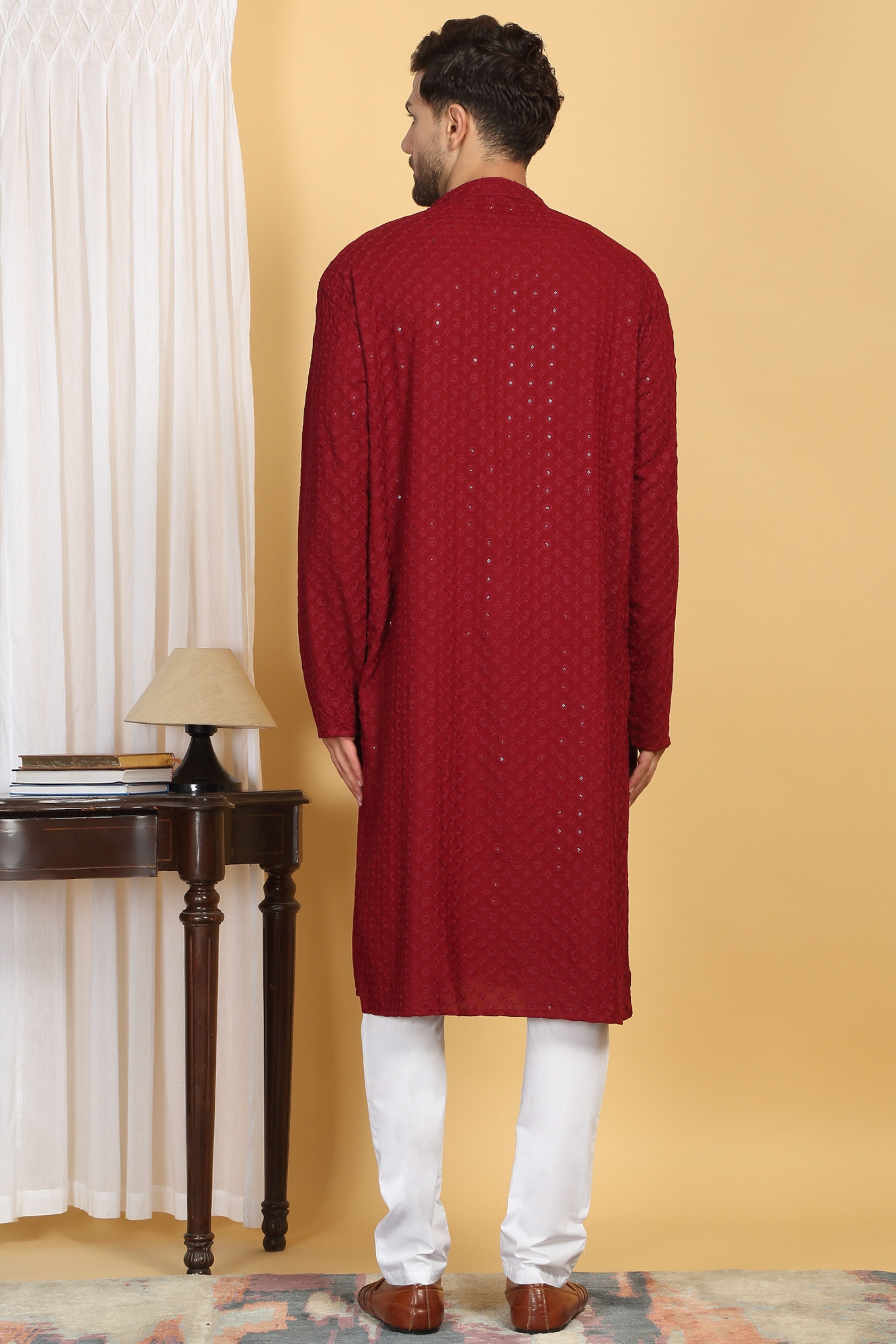 Floral Red Thread Embroidered Kurta Set