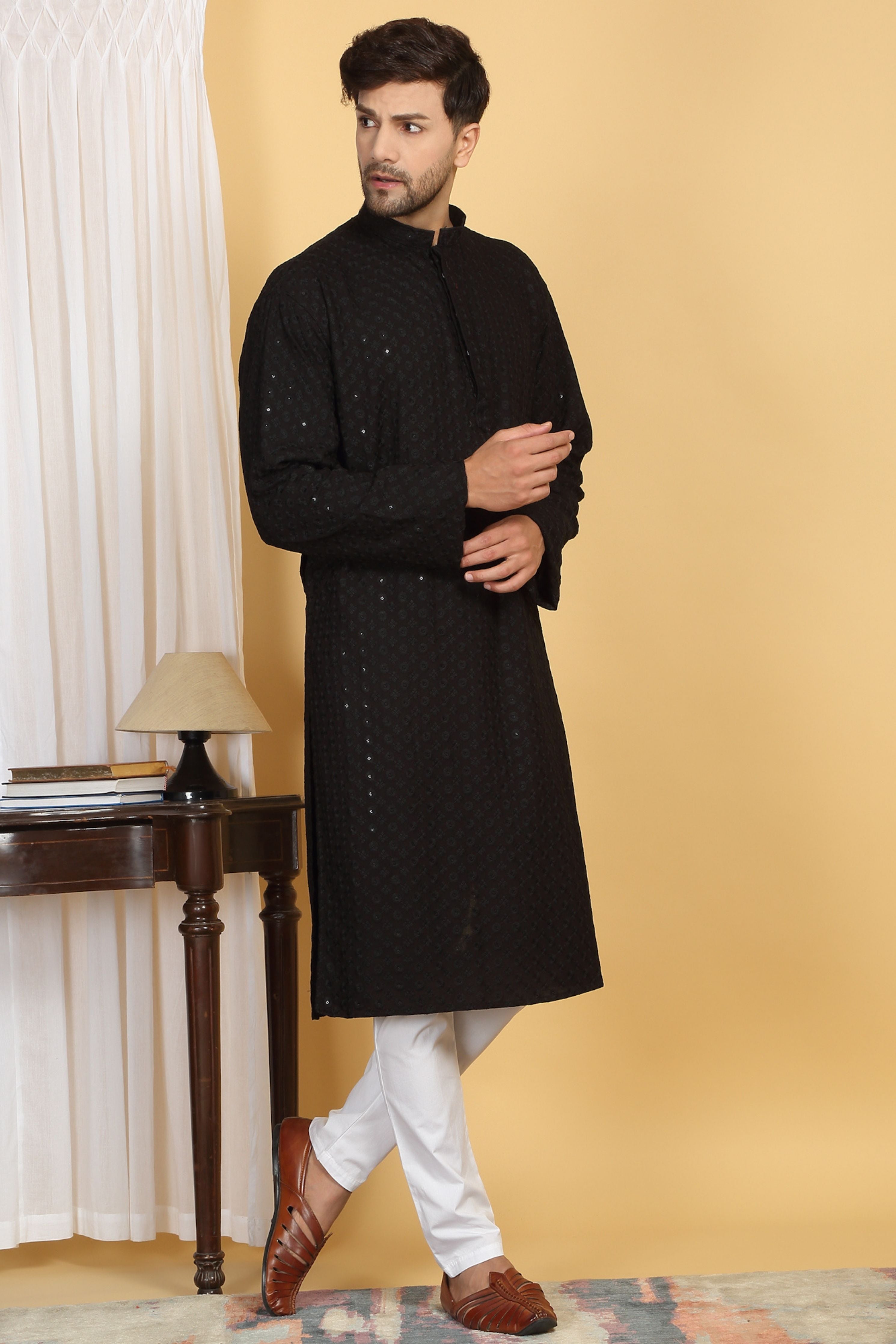 Floral Black Thread Embroidered Kurta Set