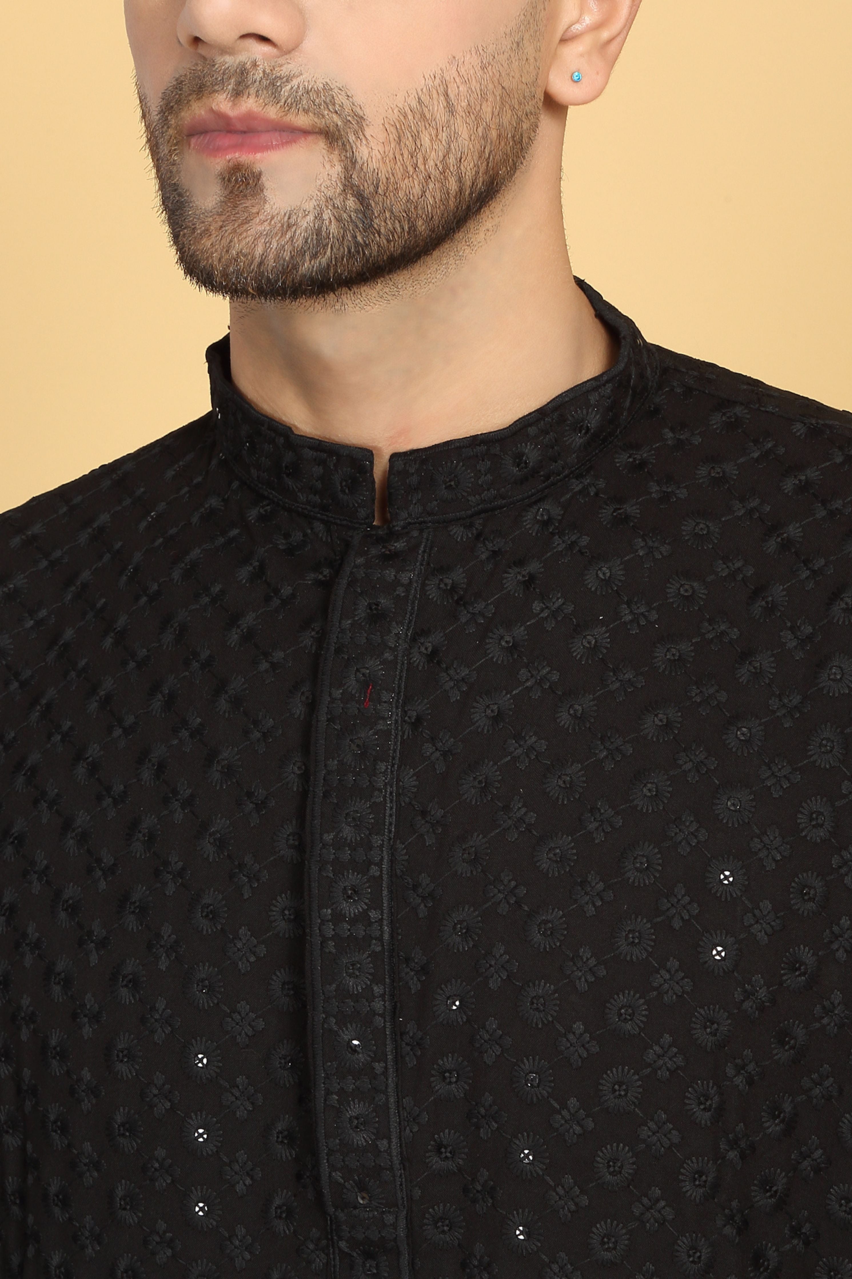 Floral Black Thread Embroidered Kurta Set
