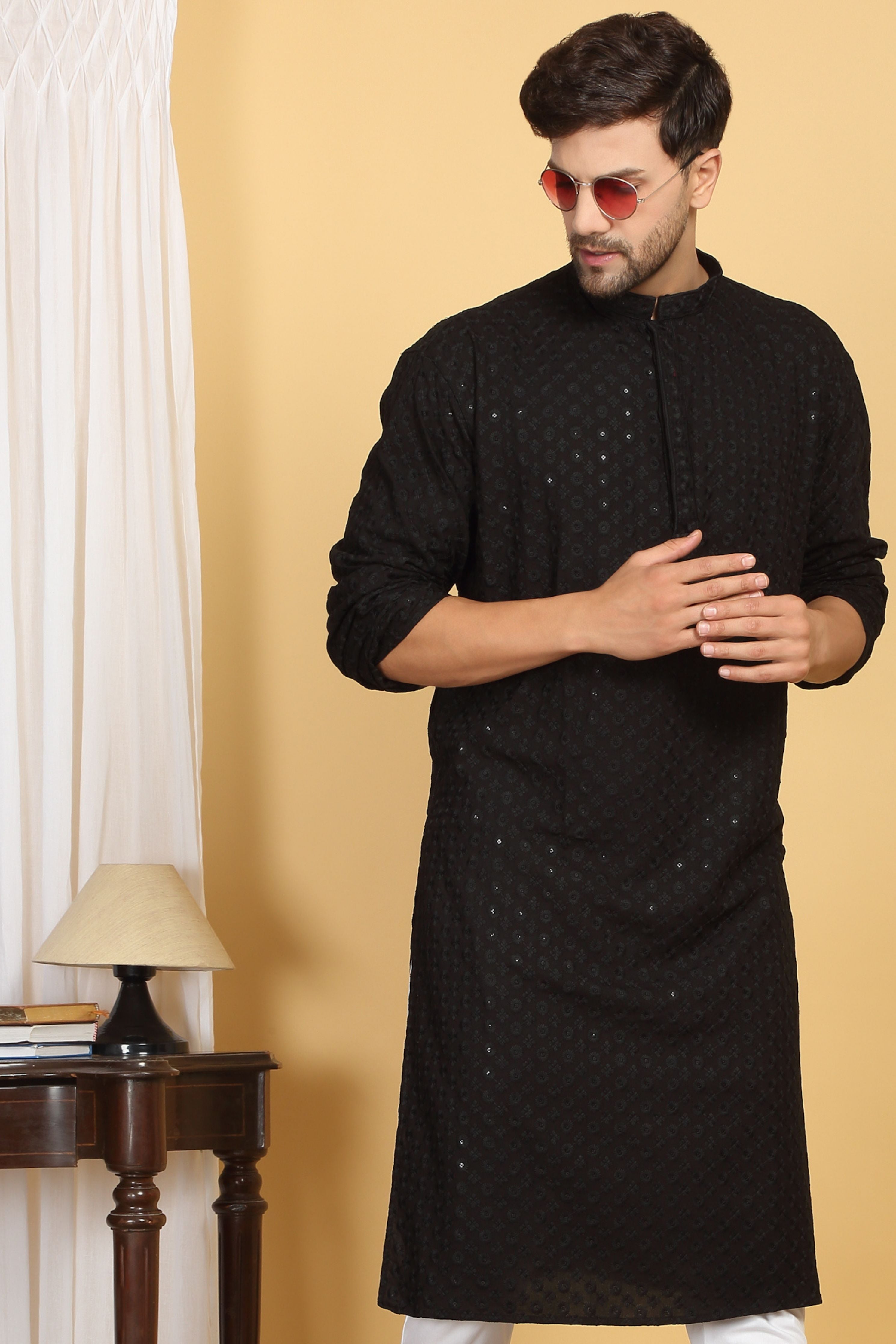 Floral Black Thread Embroidered Kurta Set