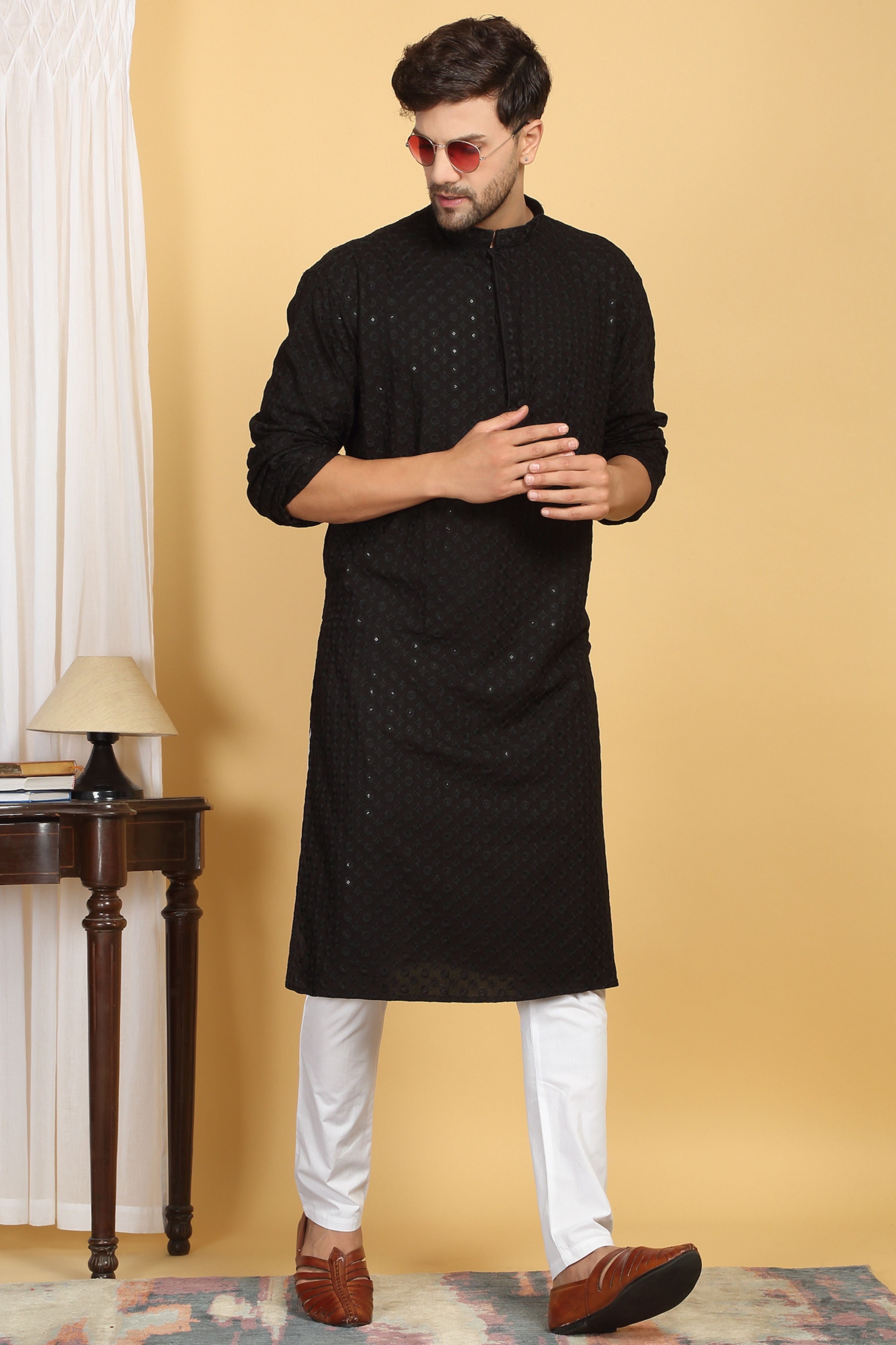 Floral Black Thread Embroidered Kurta Set