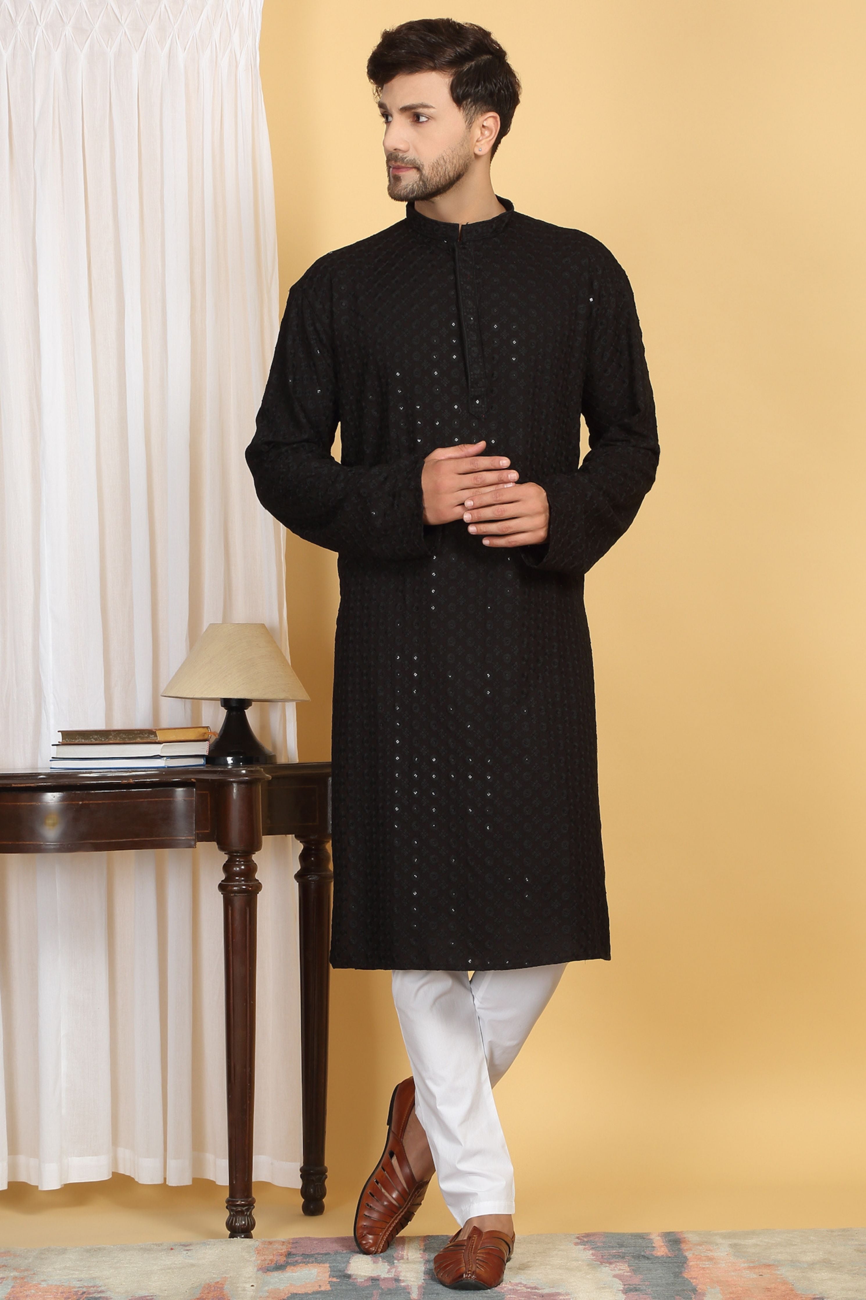 Floral Black Thread Embroidered Kurta Set
