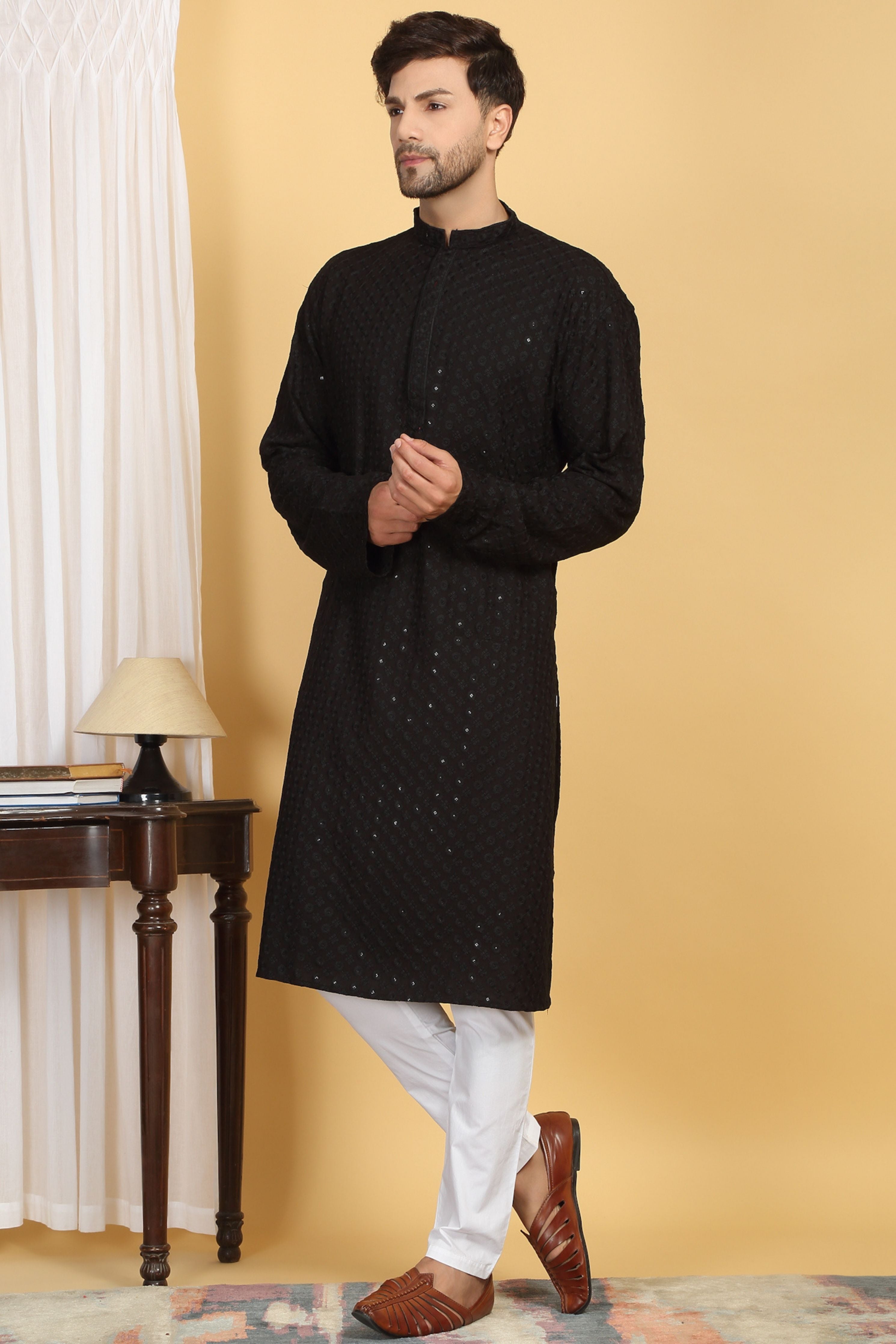 Floral Black Thread Embroidered Kurta Set