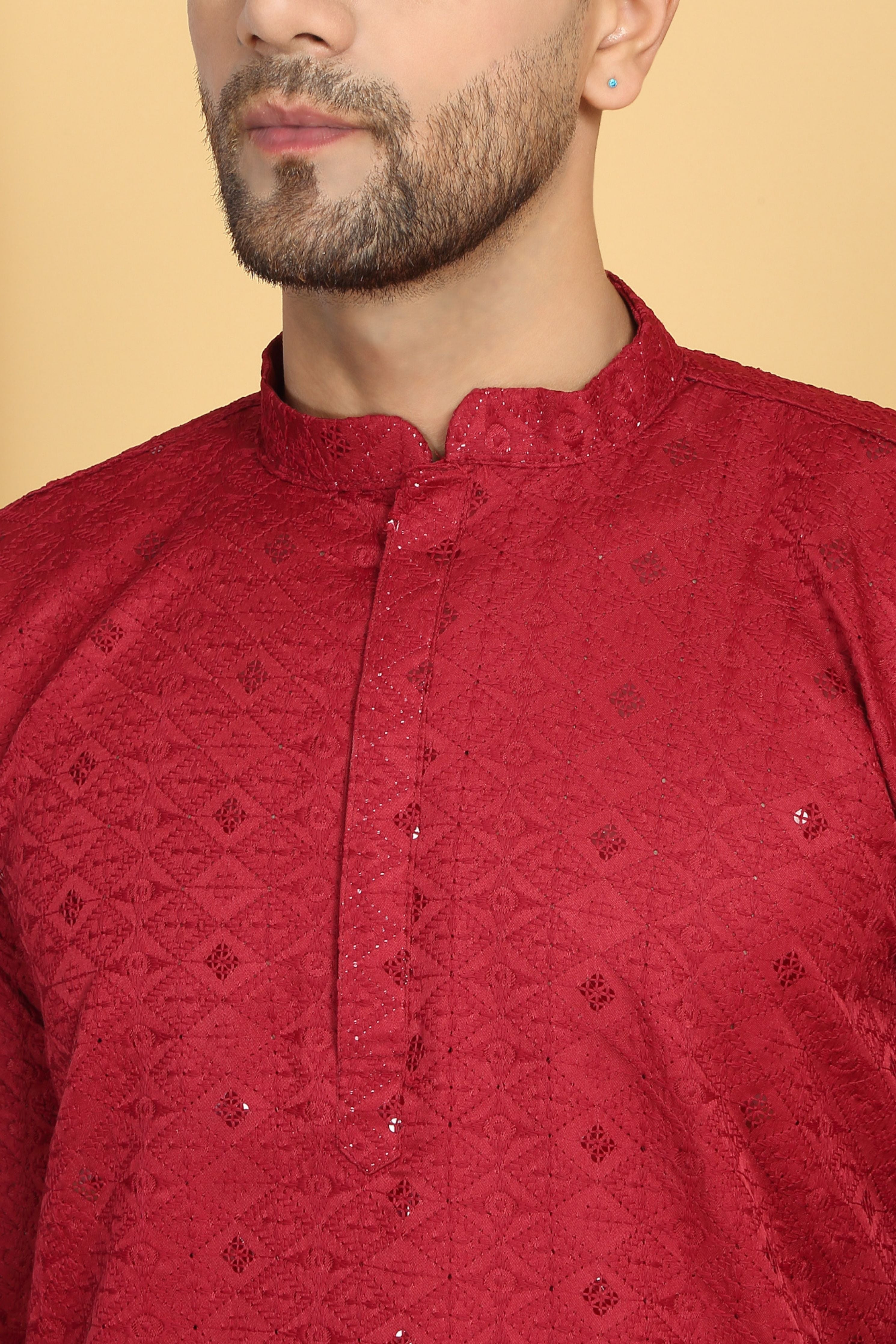 Diamond Red Thread Embroidered Kurta Churidaar Set