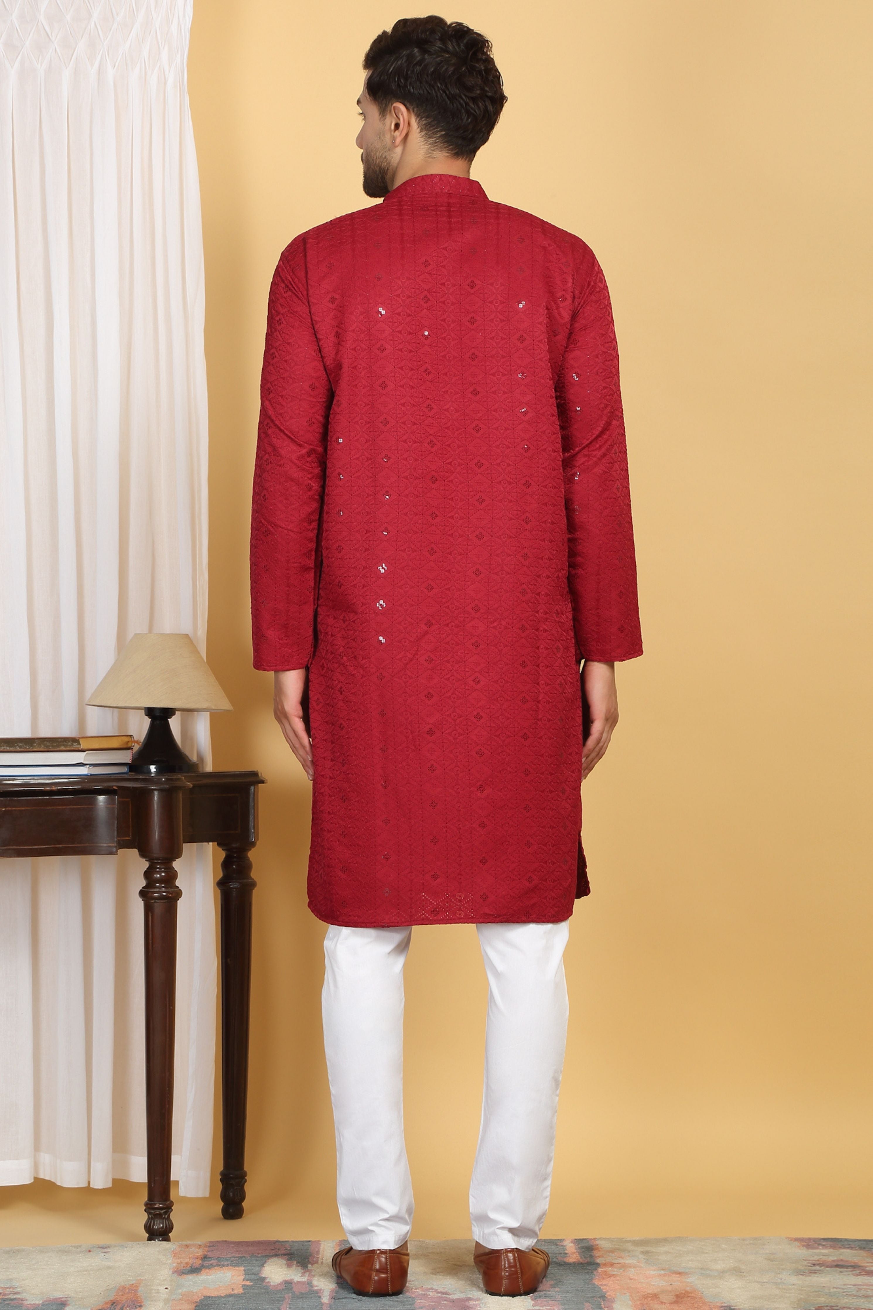 Diamond Red Thread Embroidered Kurta Churidaar Set