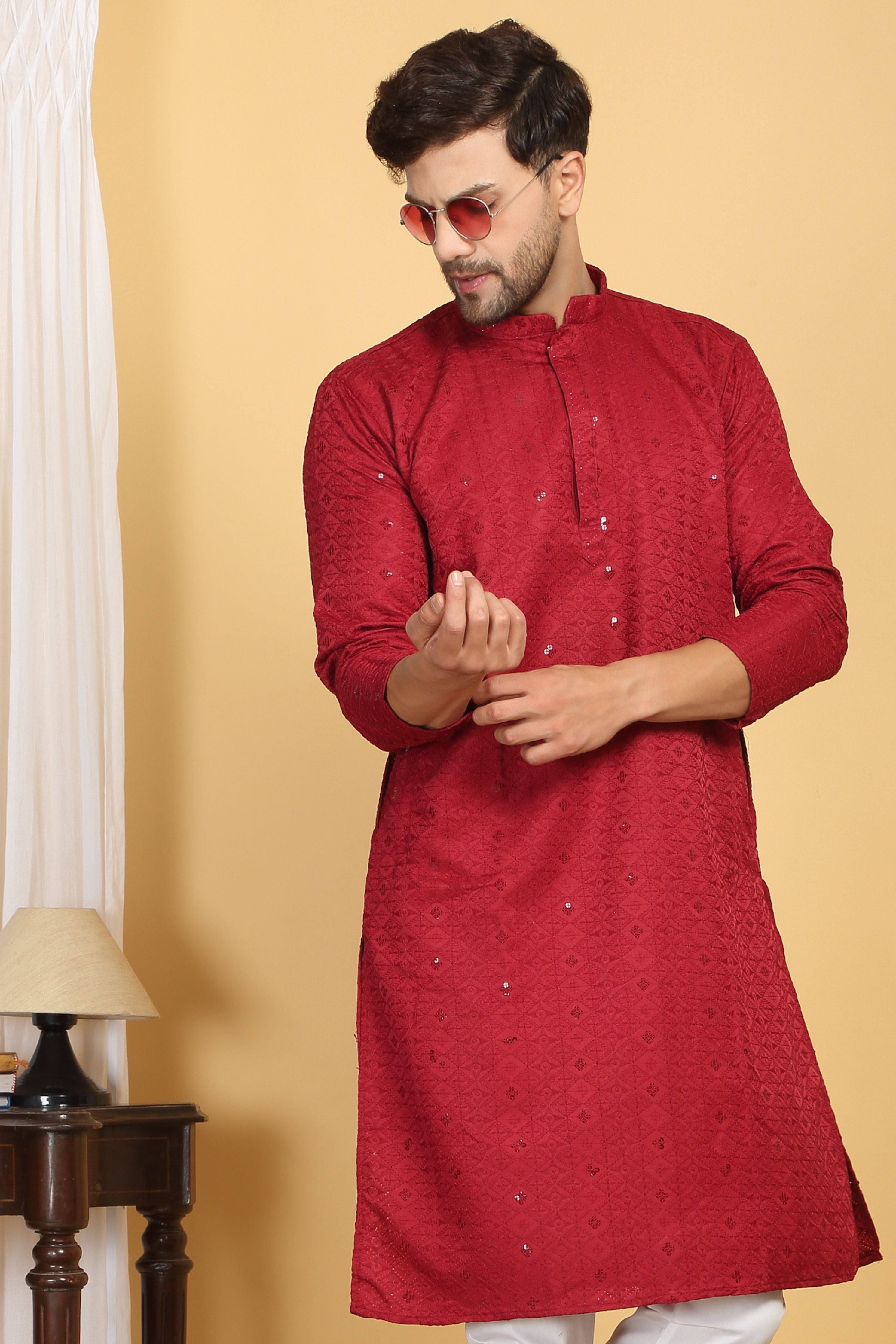 Diamond Red Thread Embroidered Kurta Churidaar Set