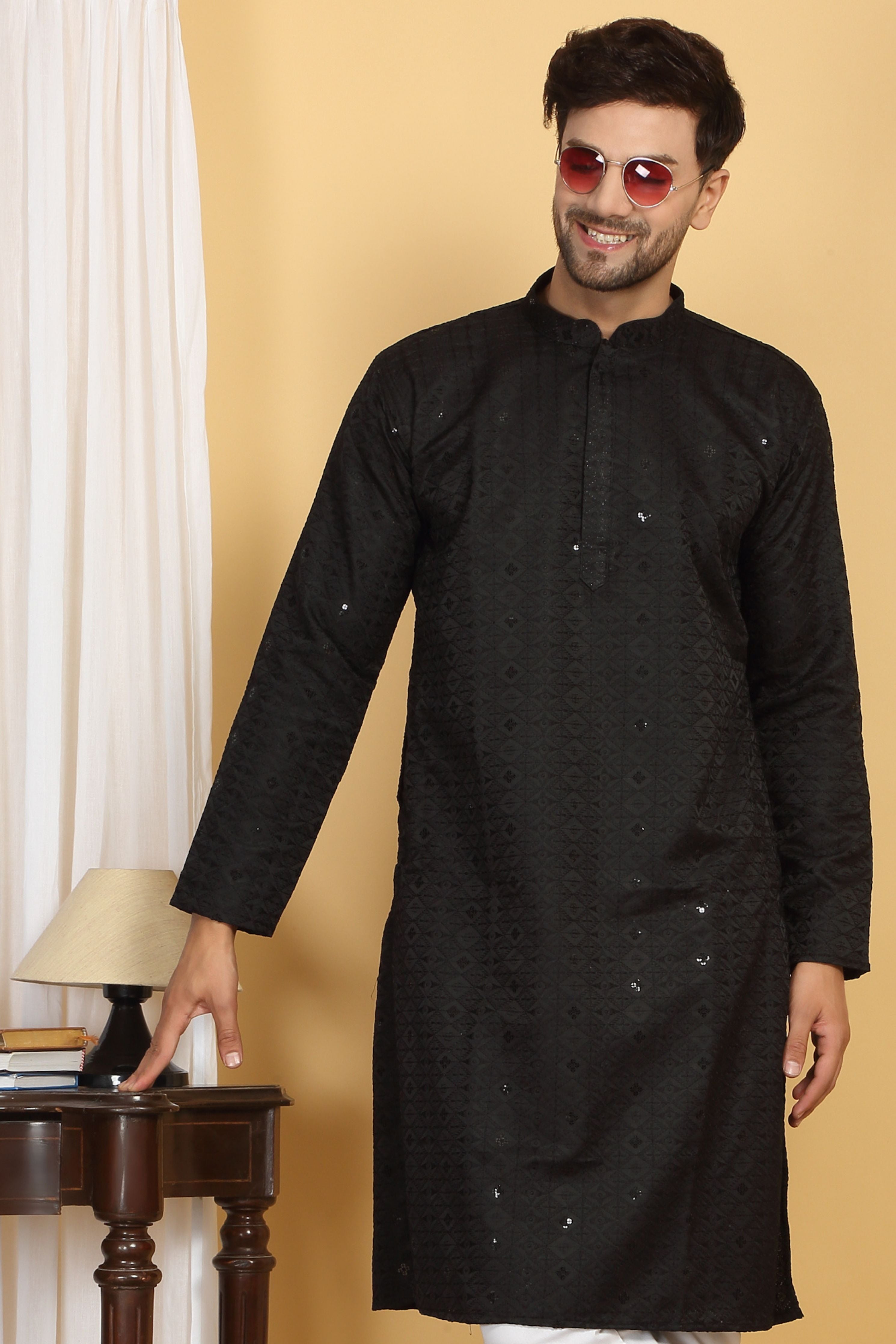 Diamond Black Thread Embroidered Kurta Churidaar Set