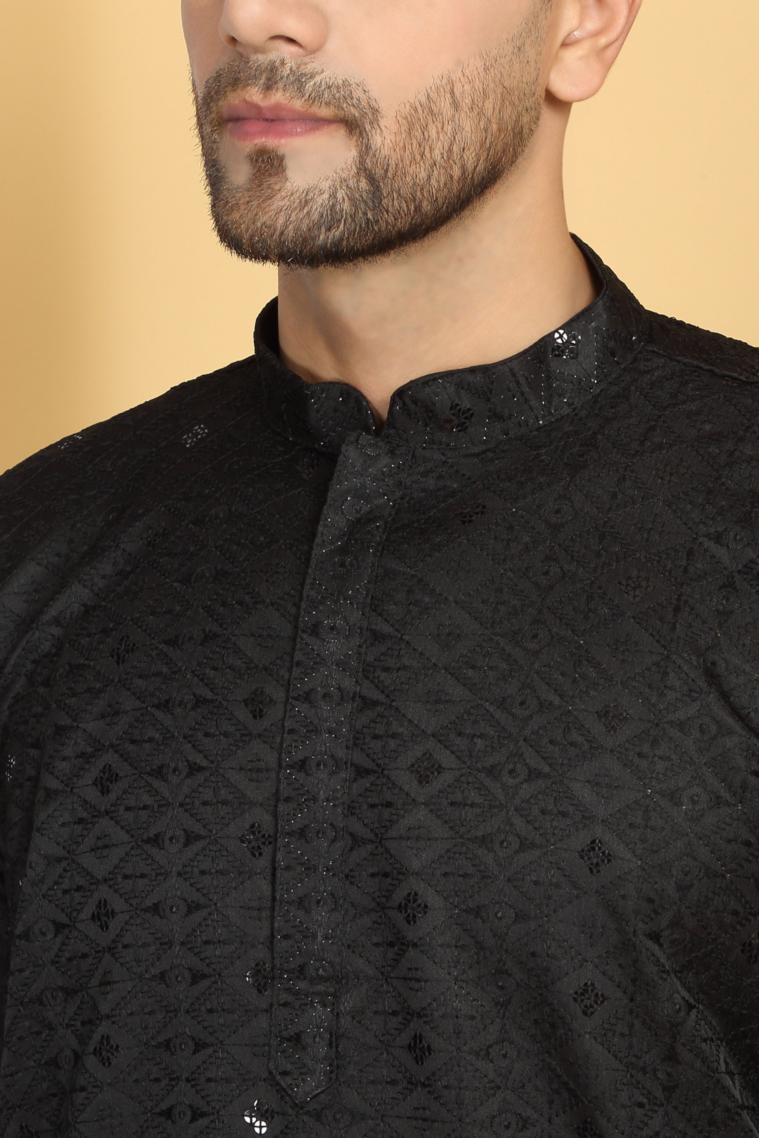 Diamond Black Thread Embroidered Kurta Churidaar Set