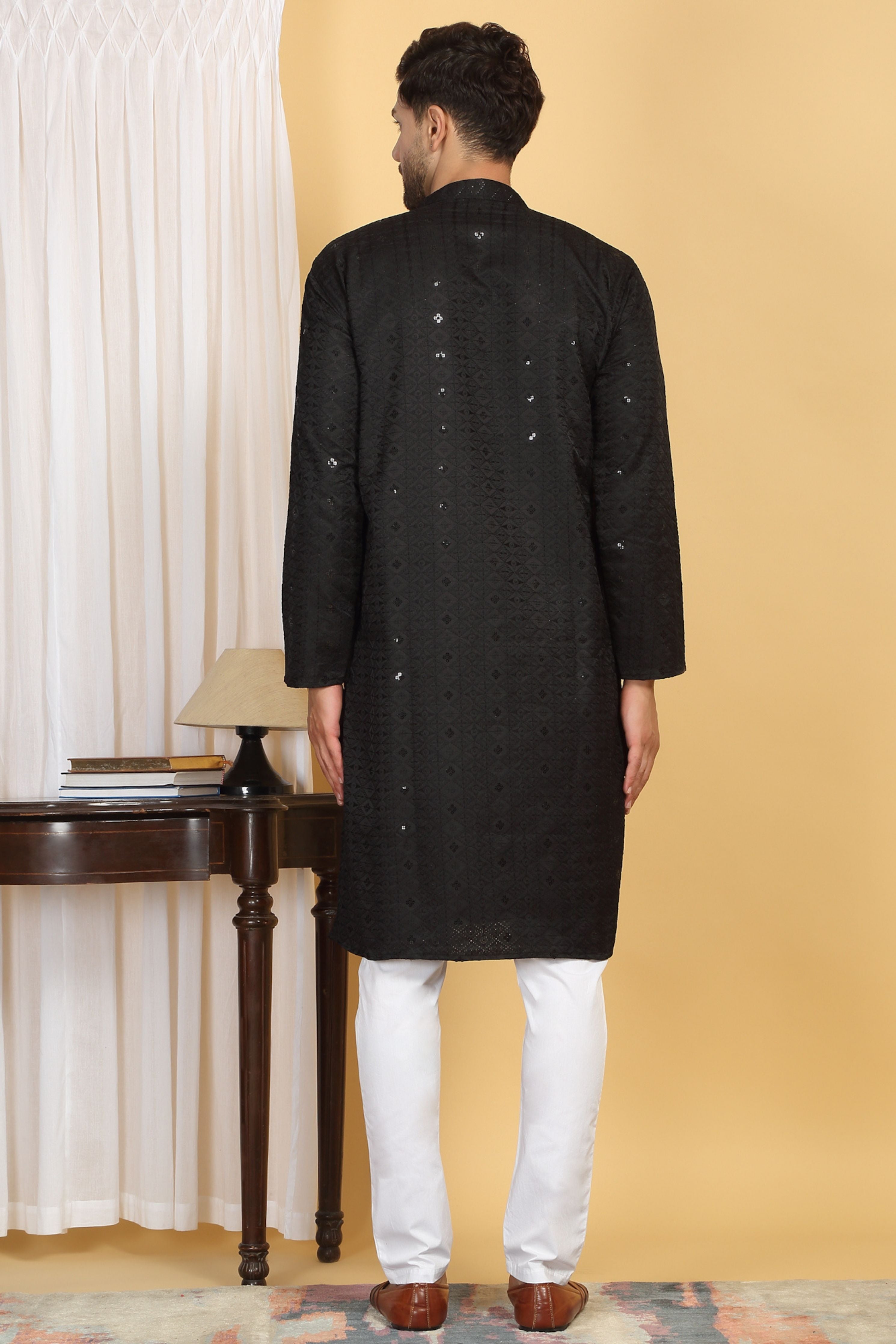 Diamond Black Thread Embroidered Kurta Churidaar Set