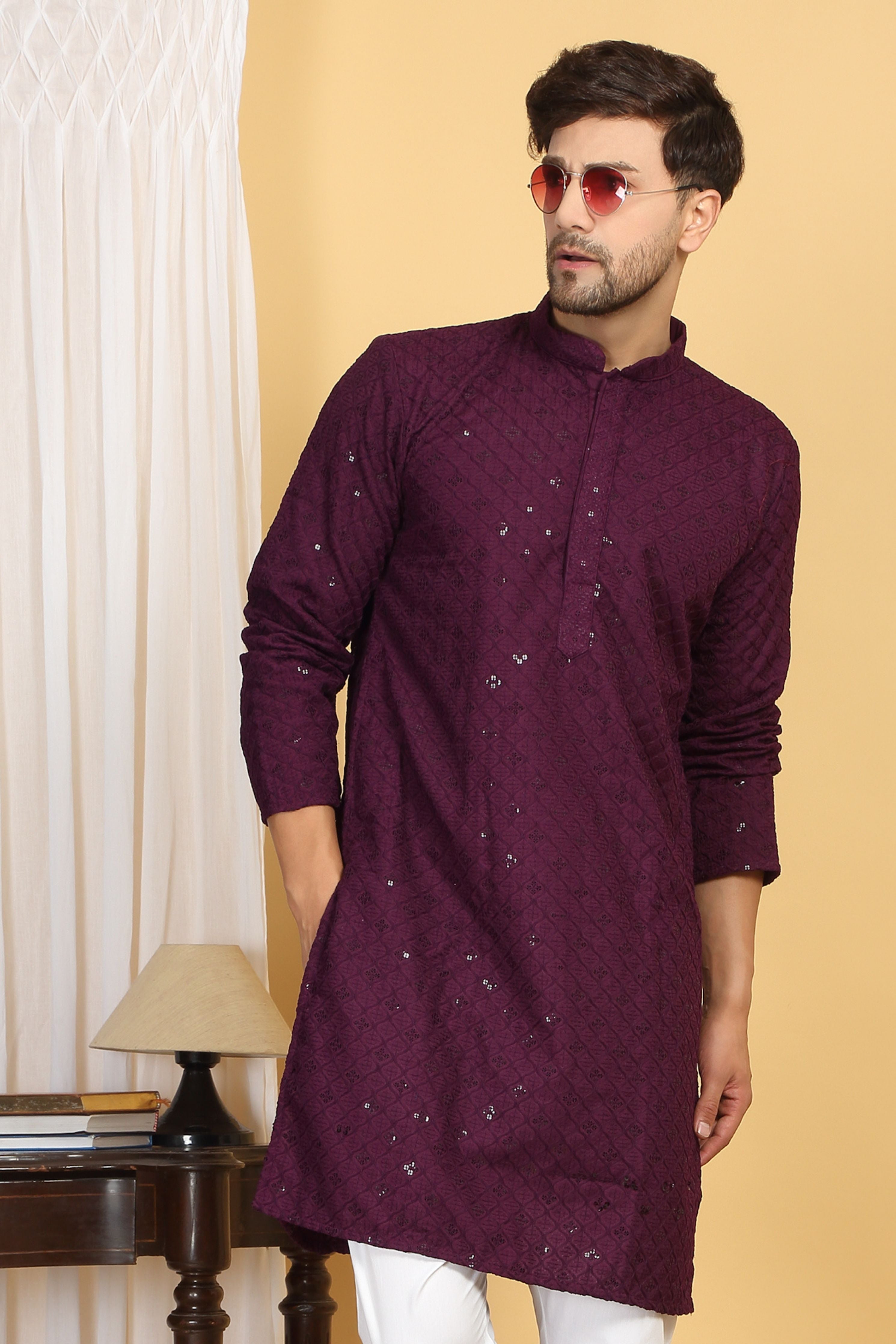 Navyam Wine Embroidered Kurta Set