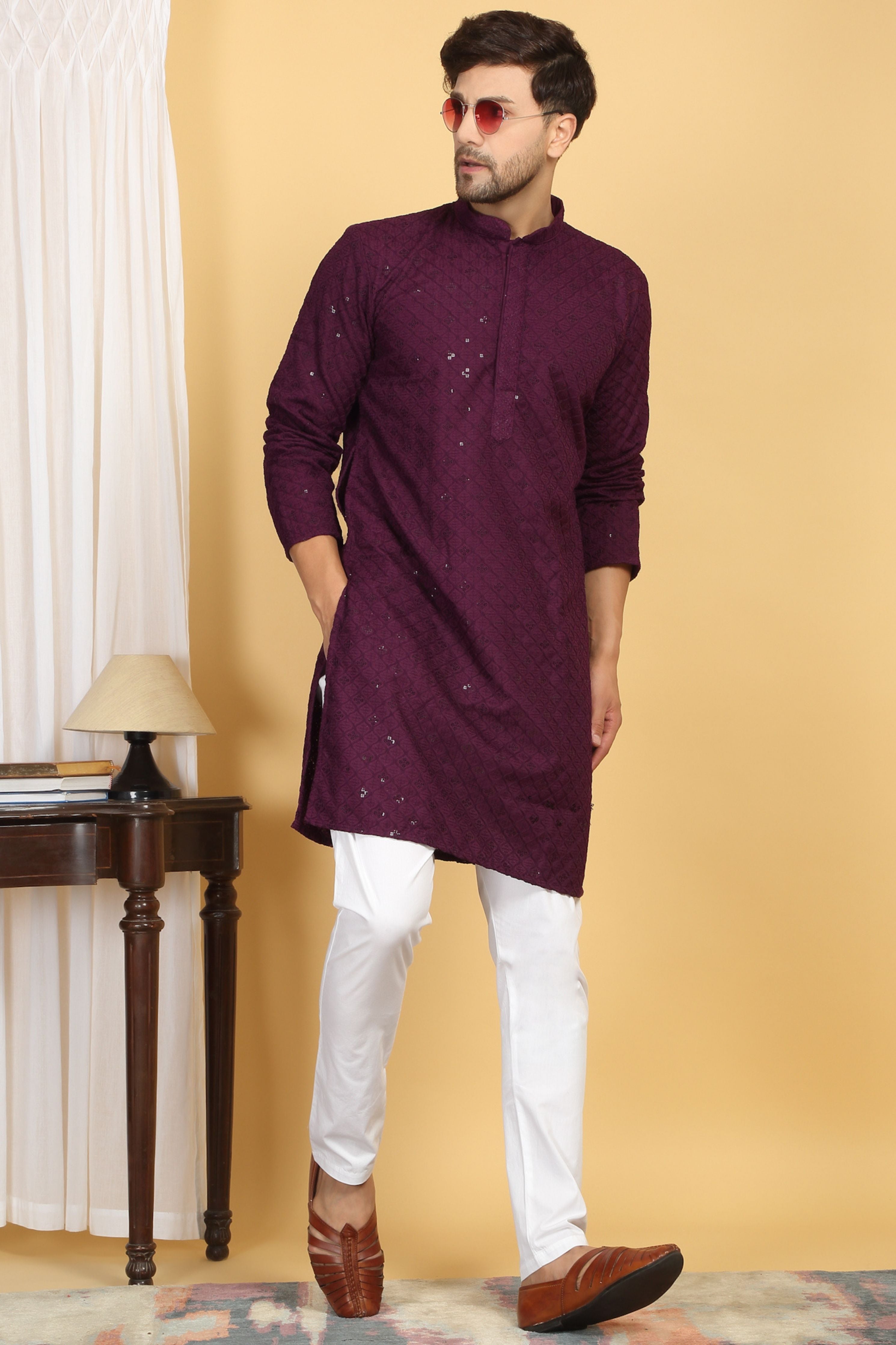 Navyam Wine Embroidered Kurta Set