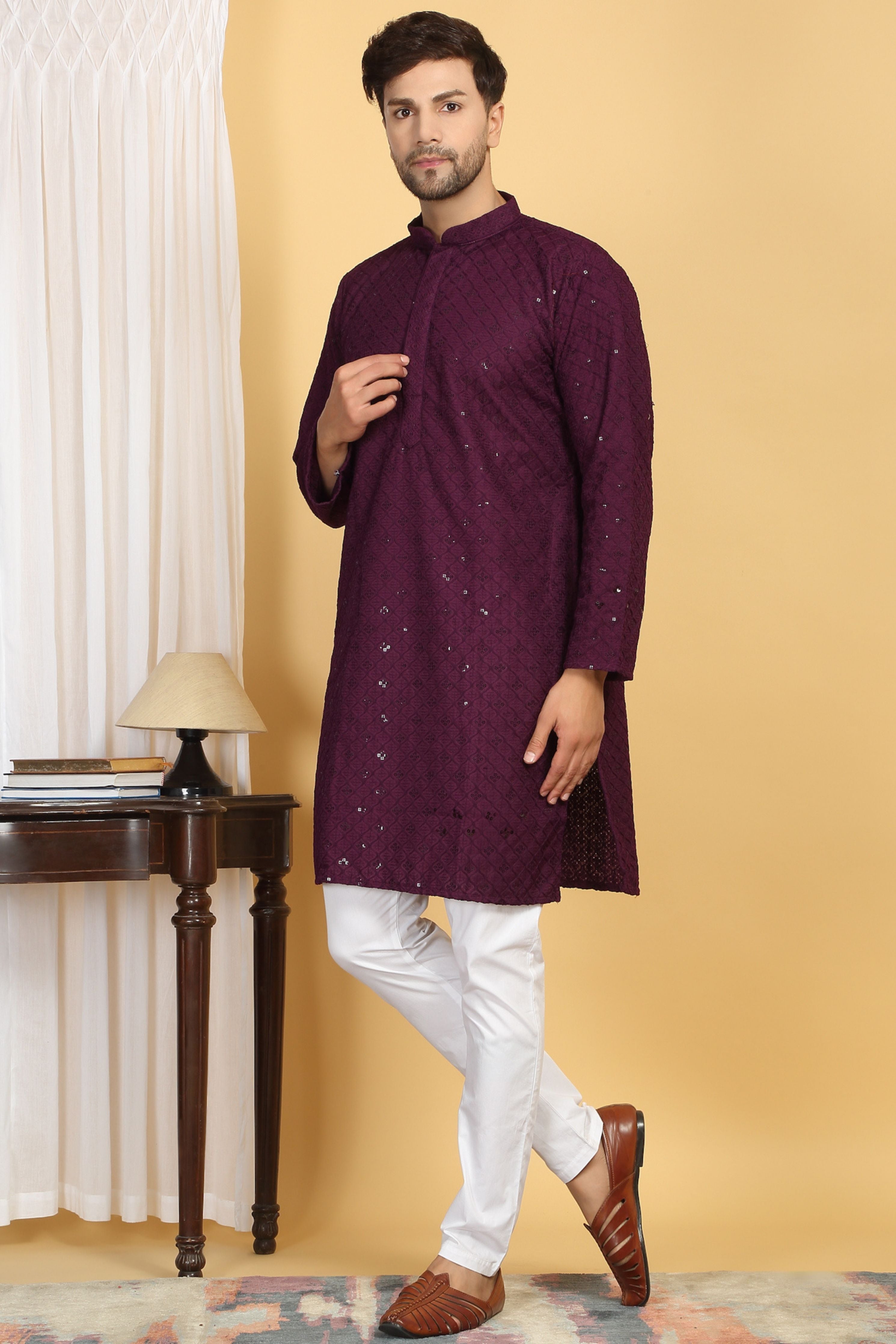 Navyam Wine Embroidered Kurta Set